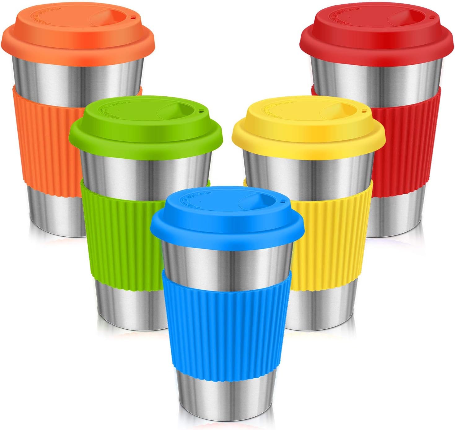 Stainless Steel Cups, Spnavy 16 OZ Stackable Pint Cup Tumbler with Silicone Lids Sleeves for Adults Kids Toddlers Metal Drinking Glasses for Pubs, Bars, Travel, Camping, Home and Outdoor Use, 5 Pack
