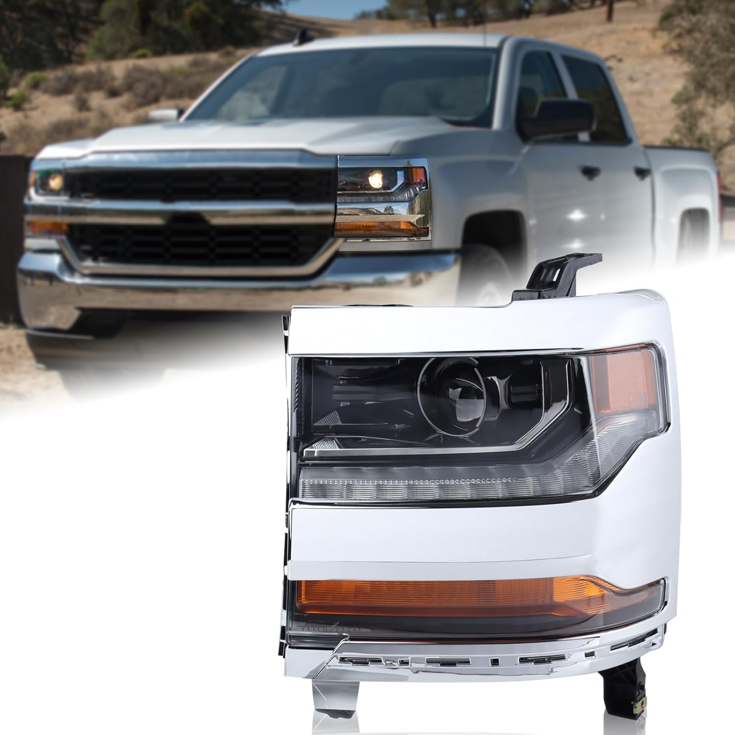 Chrome HID/Xenon LED DRL Projector Headlight Assembly Compatible with 2016-2018 Chevy Silverado 1500/2019 Silverado 1500 LD Left Driver Side 84388723 GM2502451 Left(Driver Side)