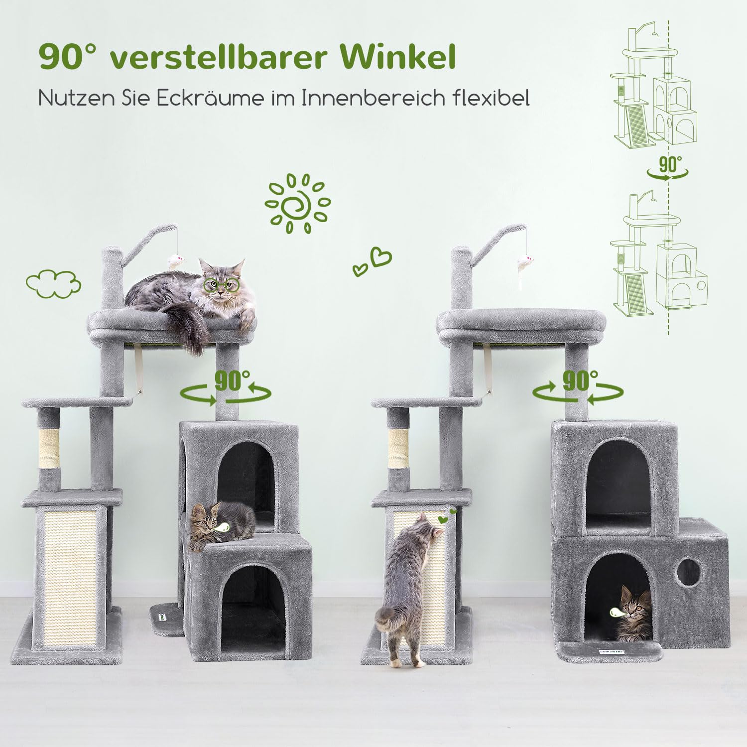 Globlazer Kratzbaum Stabil mit 2 Große Katzenhaus 90° Drehbares, 2 Groß Basis, Gepolsterte Plattform, Sisal Kratzbrett, Katzenspielzeug, Katzenbaum für Katzchen Große Katzen Senioren (F50, Hellgrau)