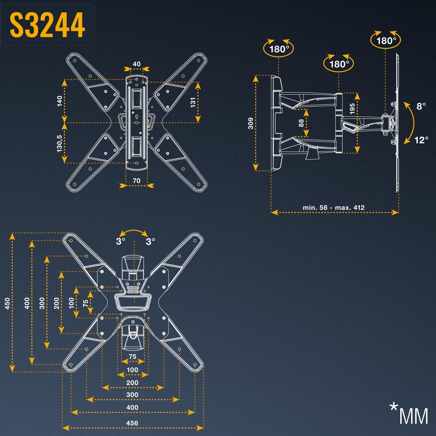 RICOO S3244 Supporto TV da parete Staffa TV 32-55 pollici per 32 55 pollici girevole inclinabile fino a 45 kg max VESA 400x400
