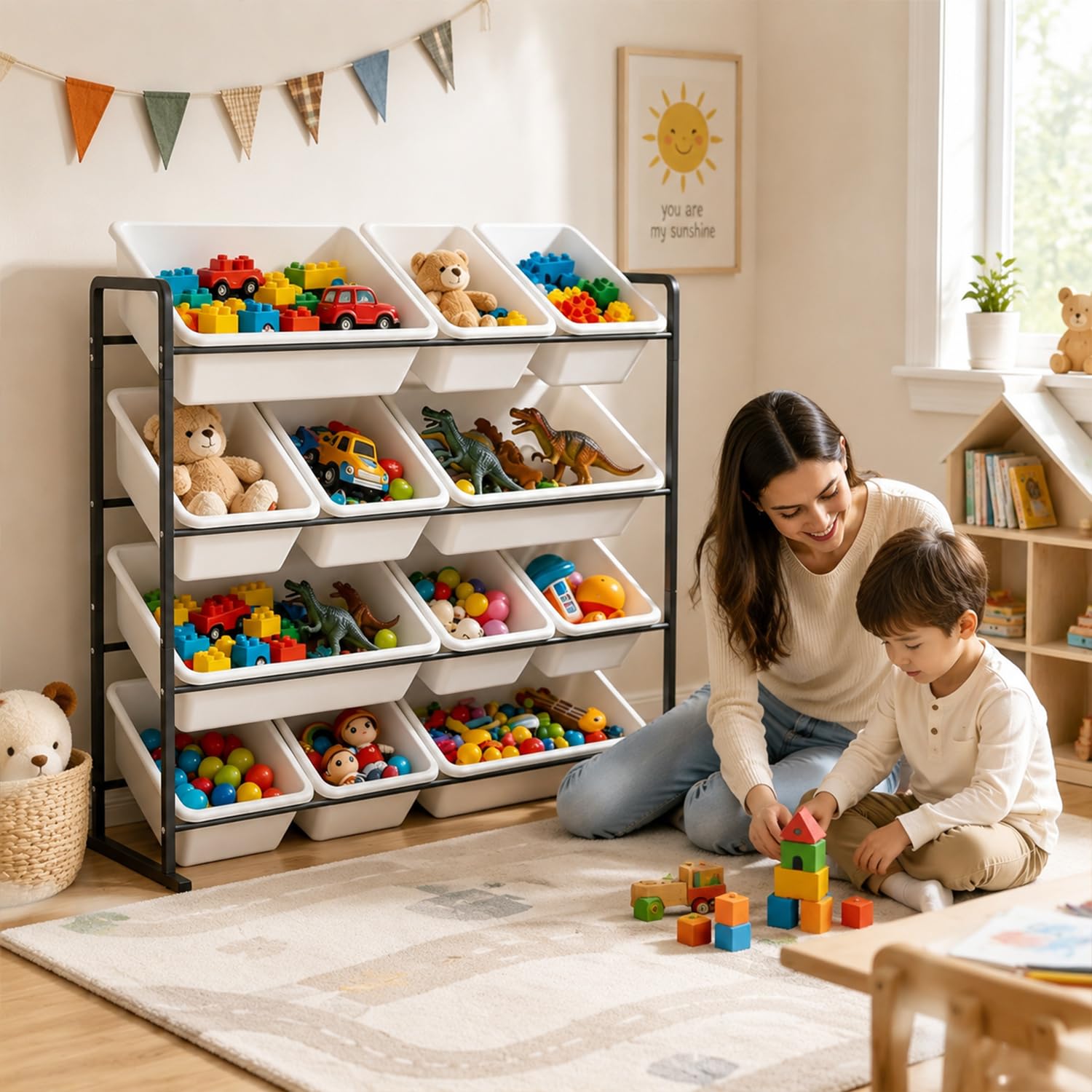 Kinderregal mit 12 Boxen,Spielzeug Organizer Schwarz