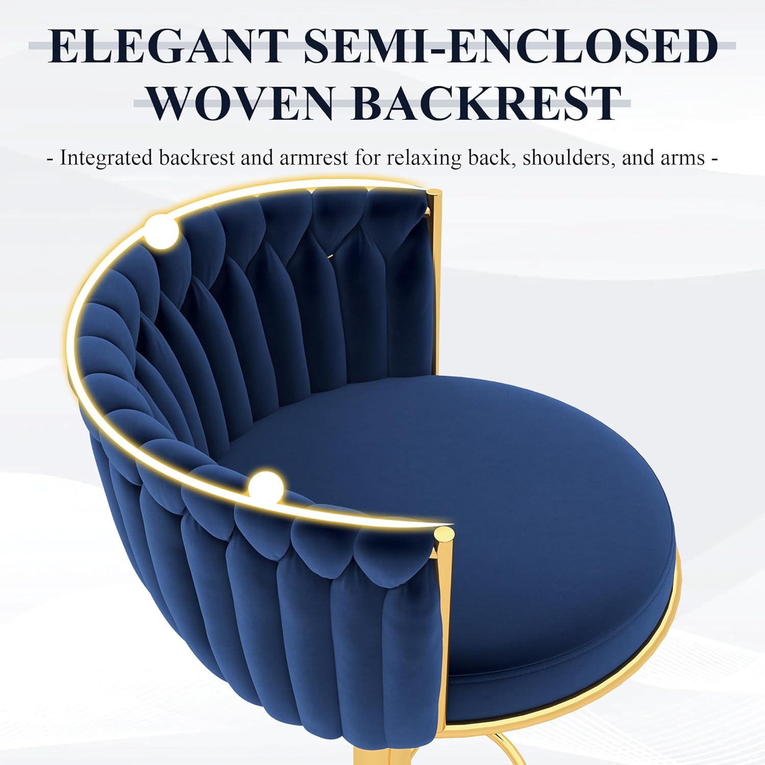 ABET Gold Bar Stools Set of 2, Velvet Woven Barstools, Swivel & Height Adjustable Counter Stools with Upholstered Backrest, Modern Luxury Kitchen Stools Chairs with Footrest for Cafe, Pub, Blue