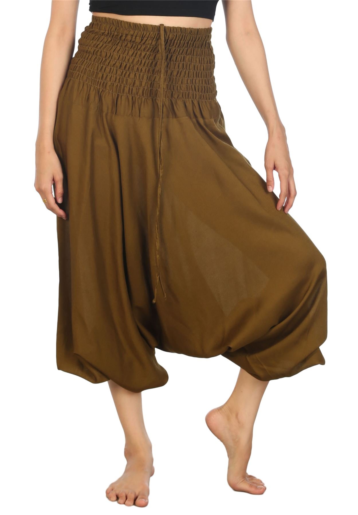 Lofbaz Women's Solid Smocked Waist 2 in 1 Harem Jumpsuit Pants Dark Green 2XL