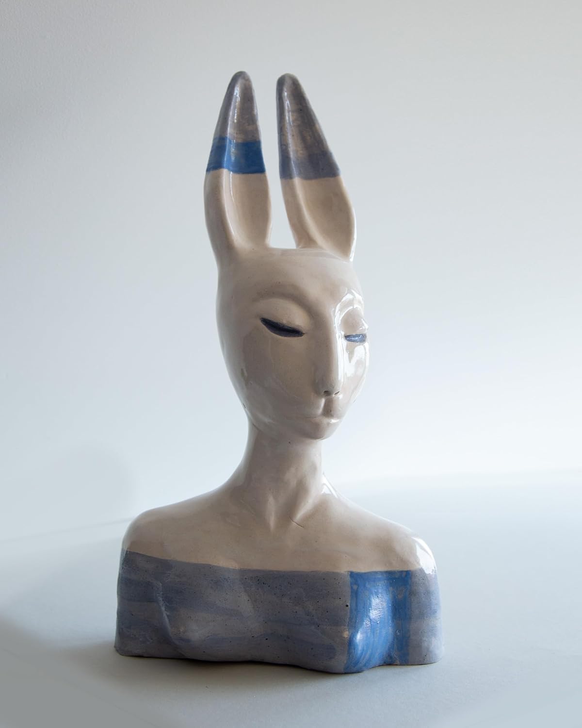 Ceramic Hare Woman Bust Sculpture – Whimsical Fantasy Statue – Handmade Home Decor Art