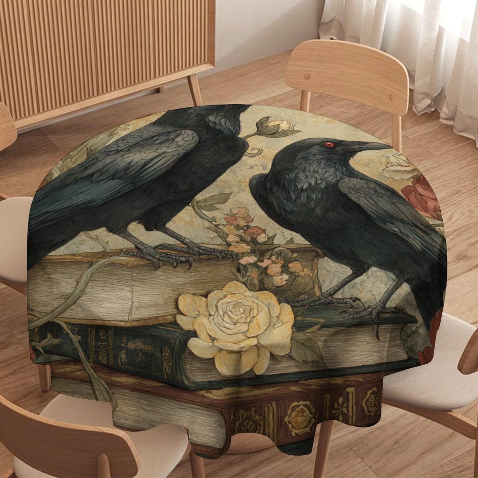 LUYYSKY Modern Fantasy Animal Raven Round Tablecloth Retro Mid Century Gothic Wildlife Crow Plant Daisies Flowers Books Washable Decor for Table Cover for Kitchen-91.4" Wx91.4 L cm