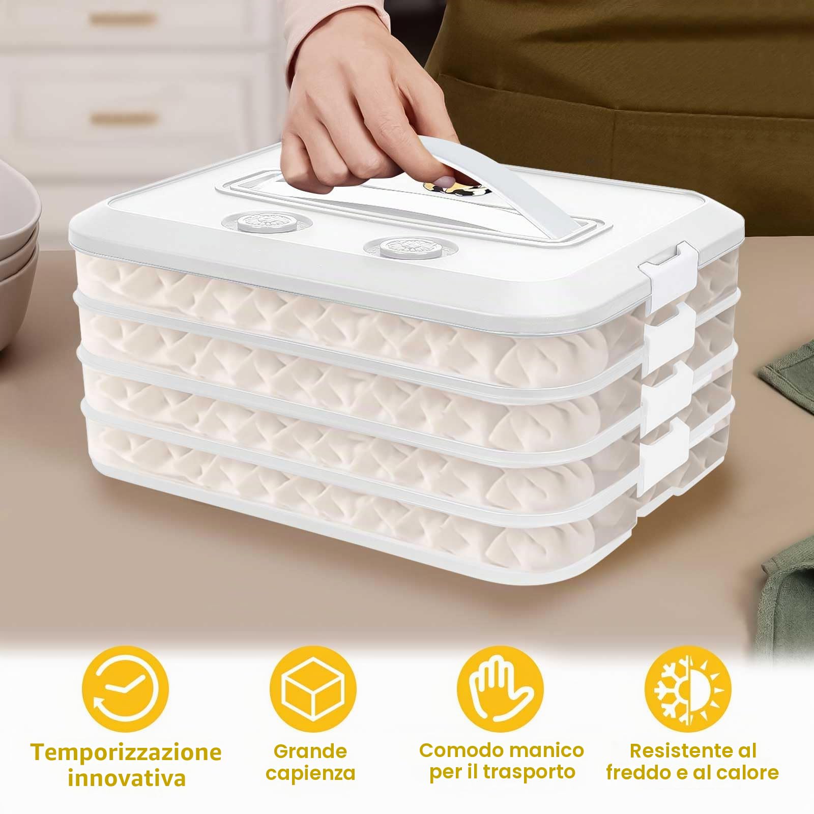 4 Strati Scatola per Ravioli, 30,5x23x7,5cm Contenitore per Ravioli con Coperchio Ermetico e Timer, Impilabile Porta Affettati per Frigorifero Contenitori Frigo per Alimenti, Carne (Bianco)