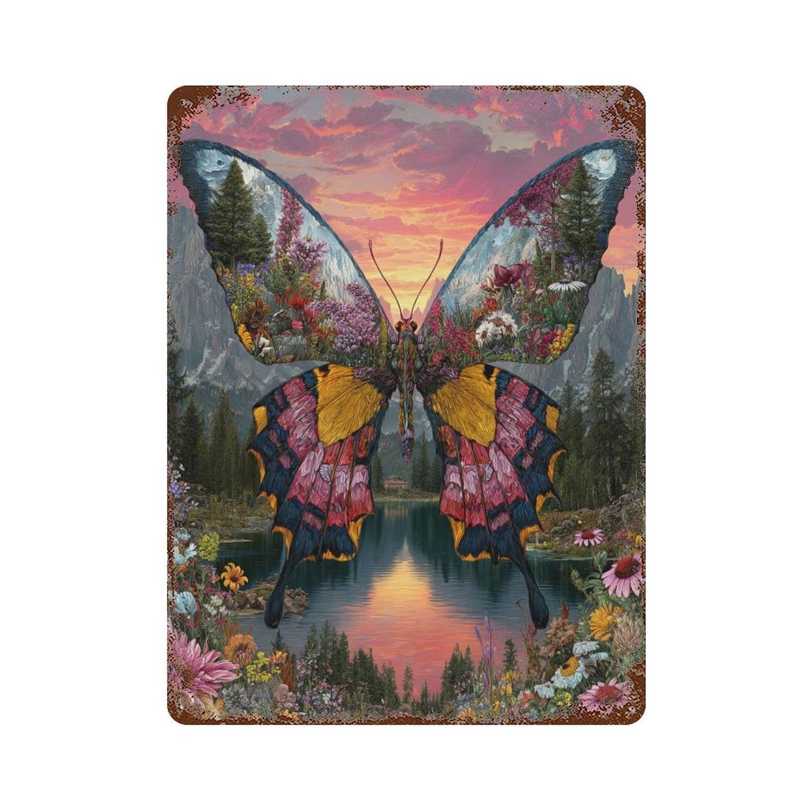 Butterfly Garden Sunset Rustic Tin Plaque 15.7"x11.8", Rustic Home Decor for Office, Studio And Wall Decor