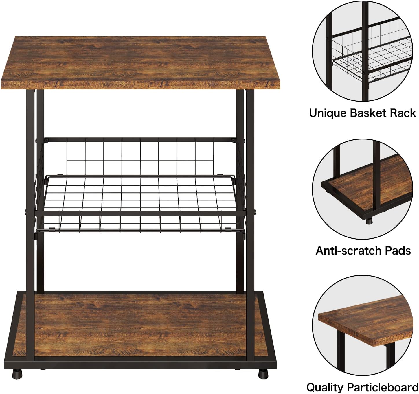Side Table, 3-Tier End Table, Narrow Sofa Table Bedside Table, Small Nightstand with Storage Shelf for Living Room, Study, Bedroom, Rustic Brown