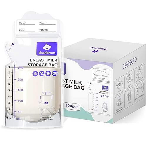 dearlomum Bolsas de almacenamiento de leche materna sin BPA, 120 unidades, 9 onzas, autoportantes con boquilla de vertido, perfil plano que ahorra