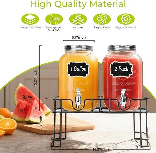 Miniatura 3 de DHSBTLS Dispensadores de bebidas de vidrio de 1 galón, paquete de 2 dispensadores de bebidas transparentes para fiestas, barbacoa y picnic,