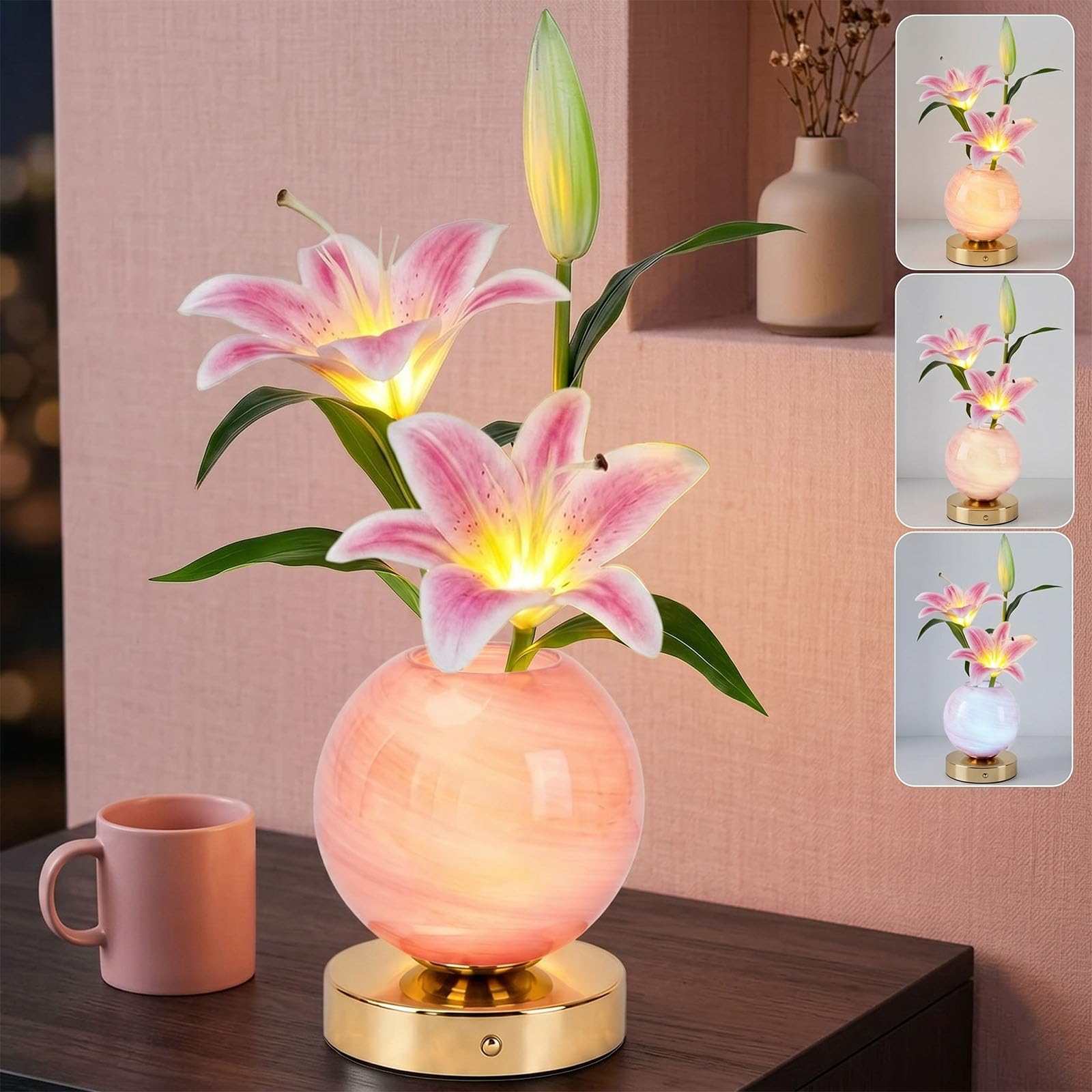 Wekity Liiy Flower Lamps, 3 Colors Dimmable Planet LED Night Light, Rechargeable Cordless Liiy Small Table Lamp for Date Party Home Decoration (Pink-Lily)