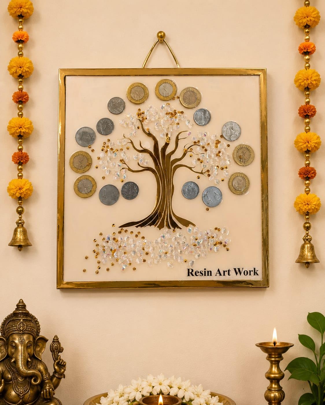Resin Art Work Money Tree Wall Frame with Coins and Crystals SIZE >12X12< | Gold Metal Frame, Crystal Embellishments, Real Coins Decor, Vastu Wall Hanging, Festive Home Decor-image-47