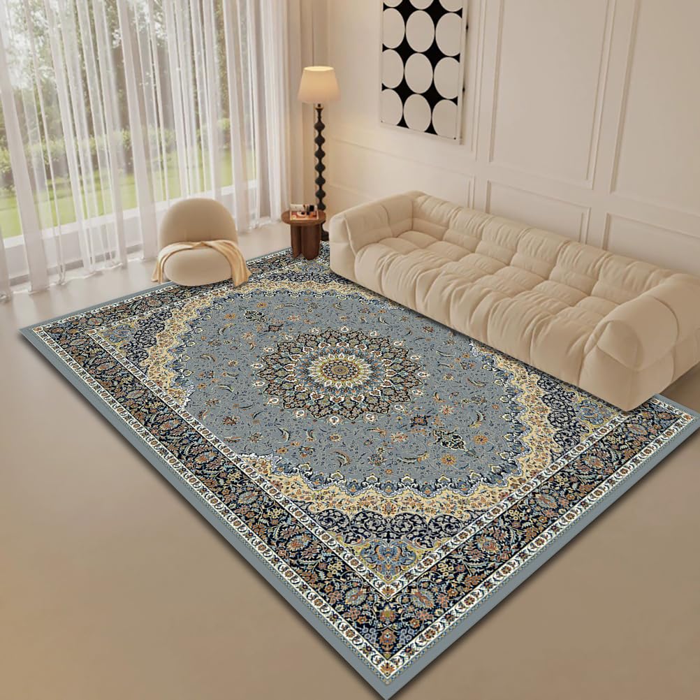 Tapis traditionnel haut de gamme à motif ornamental bleu gris