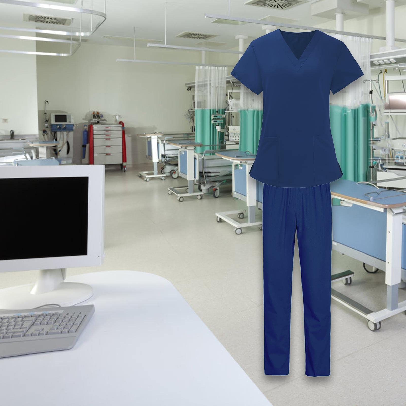 Colcolo Nurse Uniform Damen Scrubs Zweiteiler Pflegebekleidung Oberteil Und Hose V-ausschnitt Komfortabel Praktisch Pflegeleicht für Ärztinnen Pflegerinnen