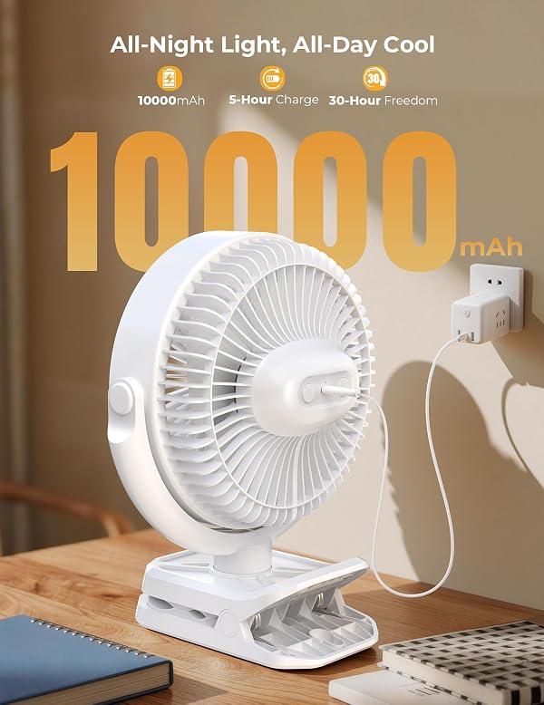 10000mAh Portable Clip on Fan Rechargeable, 8 Inch Battery Powered Desk Fan, LED Lantern, Quiet(30dB), 360° Rotate & 3 Speeds Strong Airflow for Camping Tent Office Outdoor Travel Golf Cart, White by Raynocti - Used condition - Image 2