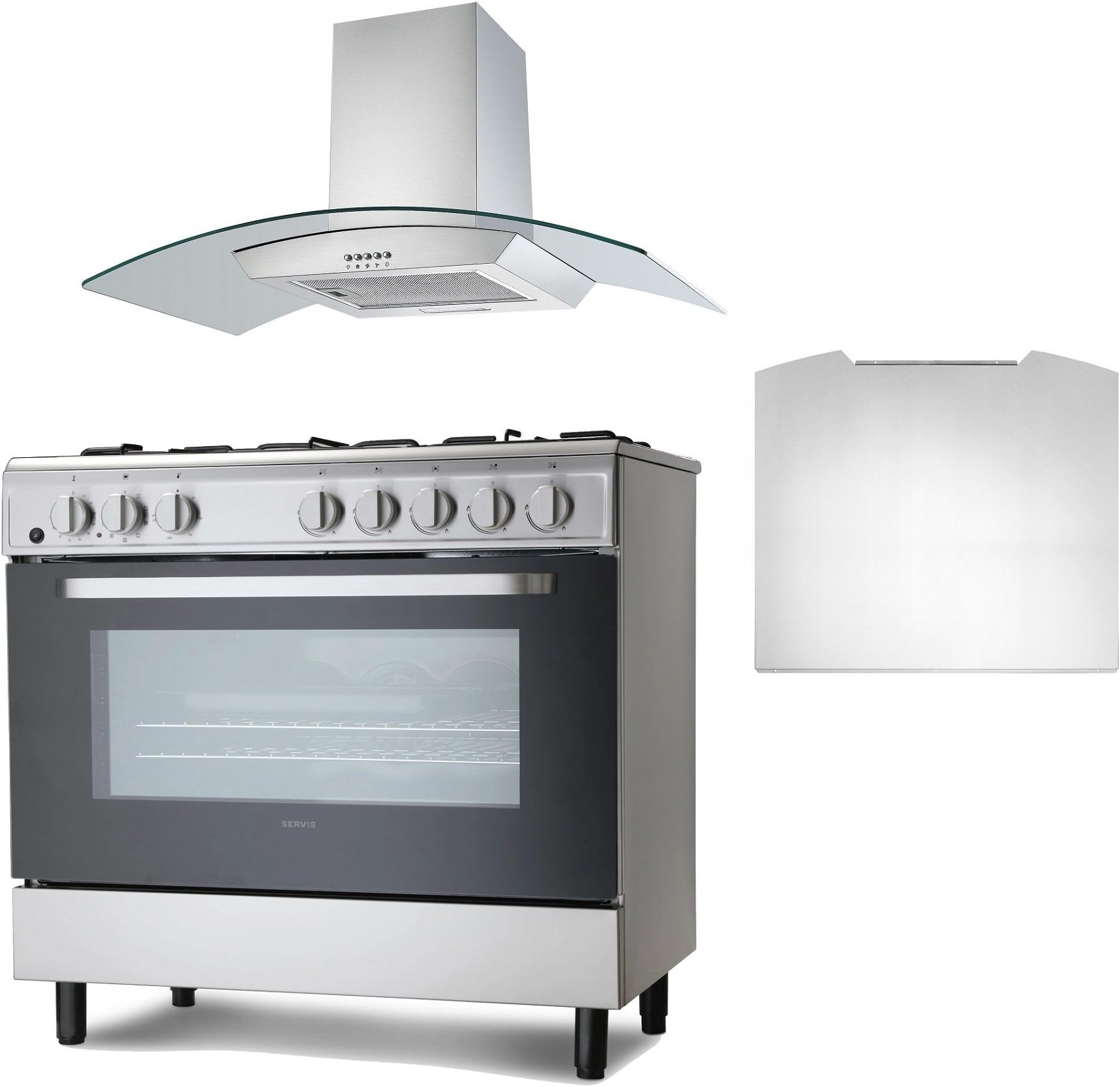 Range Cooker, Extractor Fan & Splashback Package | Servis SD900 X 90cm Dual Fuel Range Cooker in Stainless Steel, Splashback & Curved Glass Chimney Cooker Hood Pack