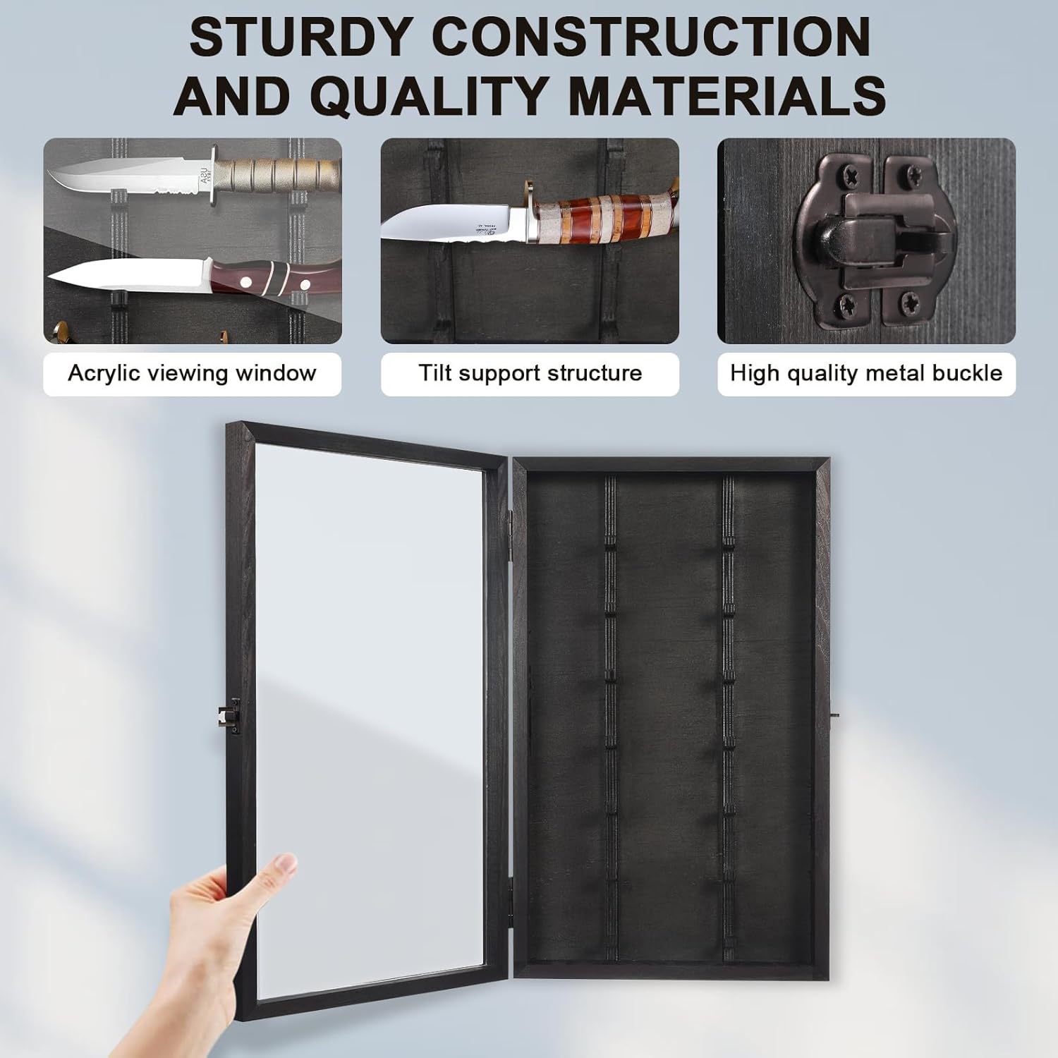Triceratops Knife Display Case with Lockable Clear Acrylic Door, Wall Mount Wooden Knife Display Stand, Pocket Knife Display Cases for Storage, Collection, Holds up to 7 Knifes (Black)