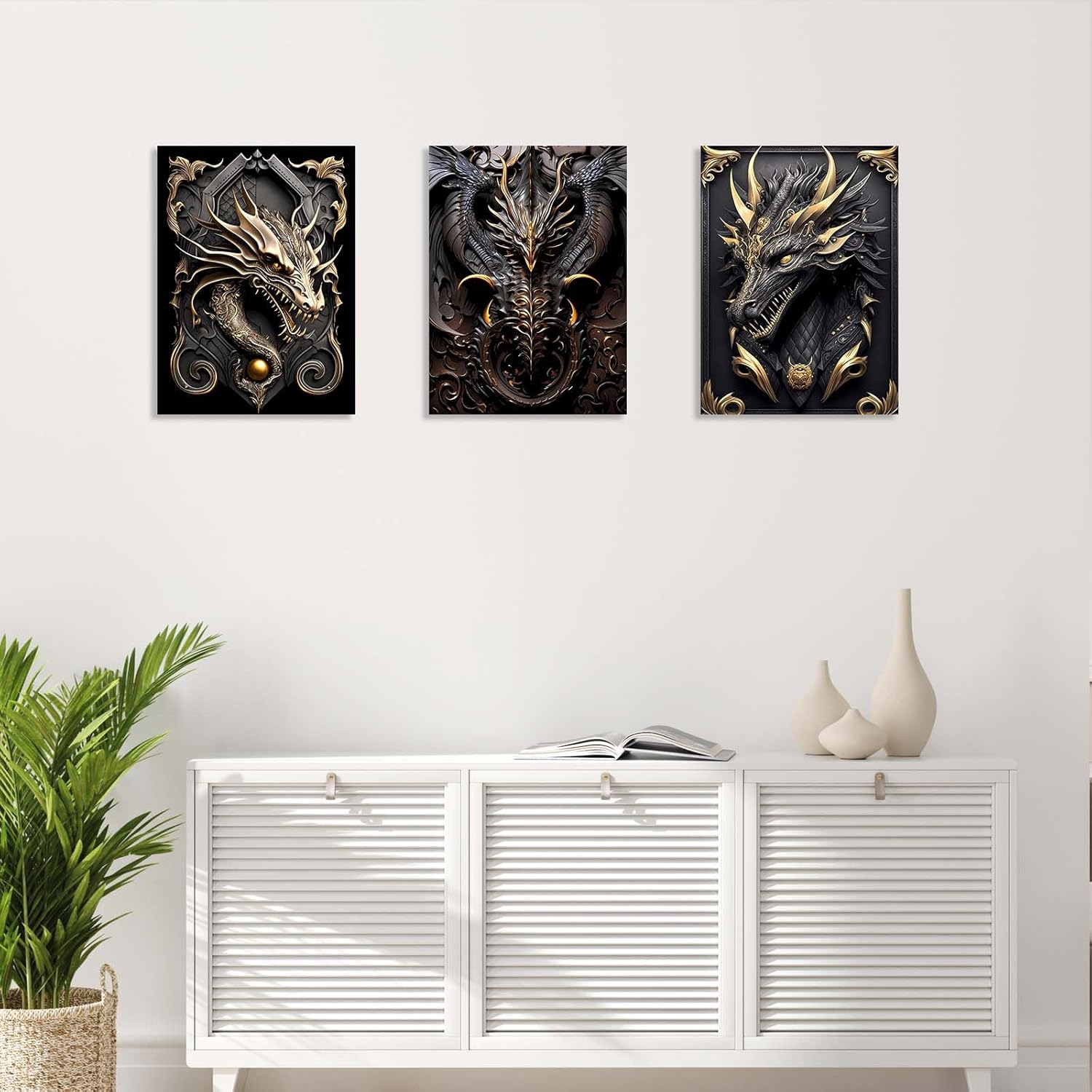 3 Piece Wall Art Framed Canvas Wall Art Modern Abstract Dragon Pictures with Black and Gold Design, Home Decor for Living Room, Bedroom, Office, Gaming Room – Room Decoration with Hooks and Nails, 12x16 Inch