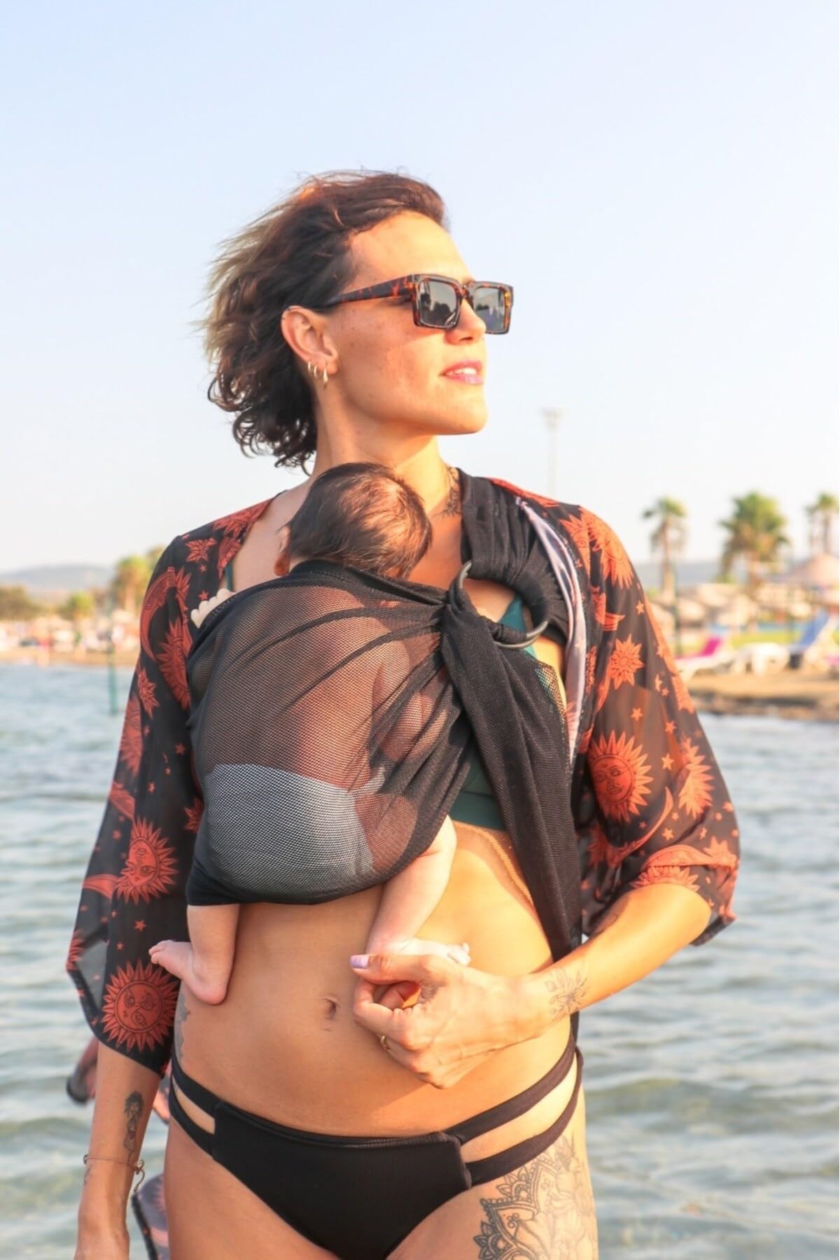 Fascia ad Anelli Portabebè da mare portabimbo da piscina Water Sling portabebè (Black)