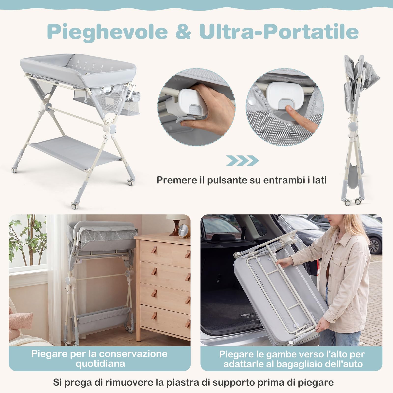 COSTWAY Fasciatoio Pieghevole per Bambini, Fasciatoio Portatile con Ruote, Altezza Regolabile, Piattaforma Rimovibile, con Barra Giocattoli, Stendino, Misuratore, Cestini, Portata 25 kg