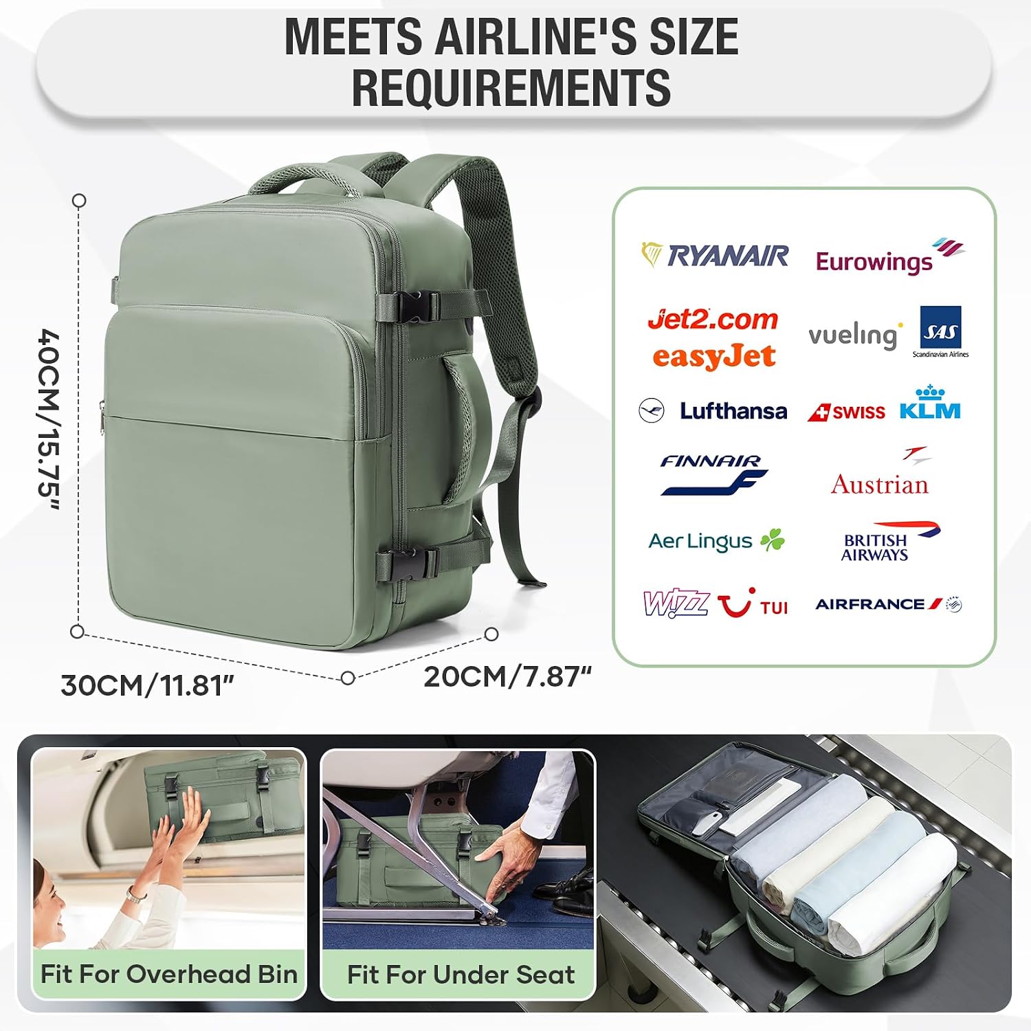 Travel Backpack with USB Charging Port, Airline Approved Personal Item Bag 40x30x20cm, Underseat Carry On Backpack for Women Men, Weekender Flight Bag with Tablet Sleeve, Green image 5
