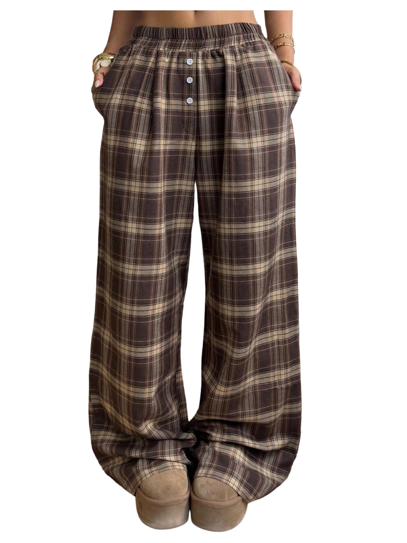 SOLY HUX Womens Plaid Baggy Pants Elastic Waist Wide Leg Pants Casual Long Trousers with Pockets