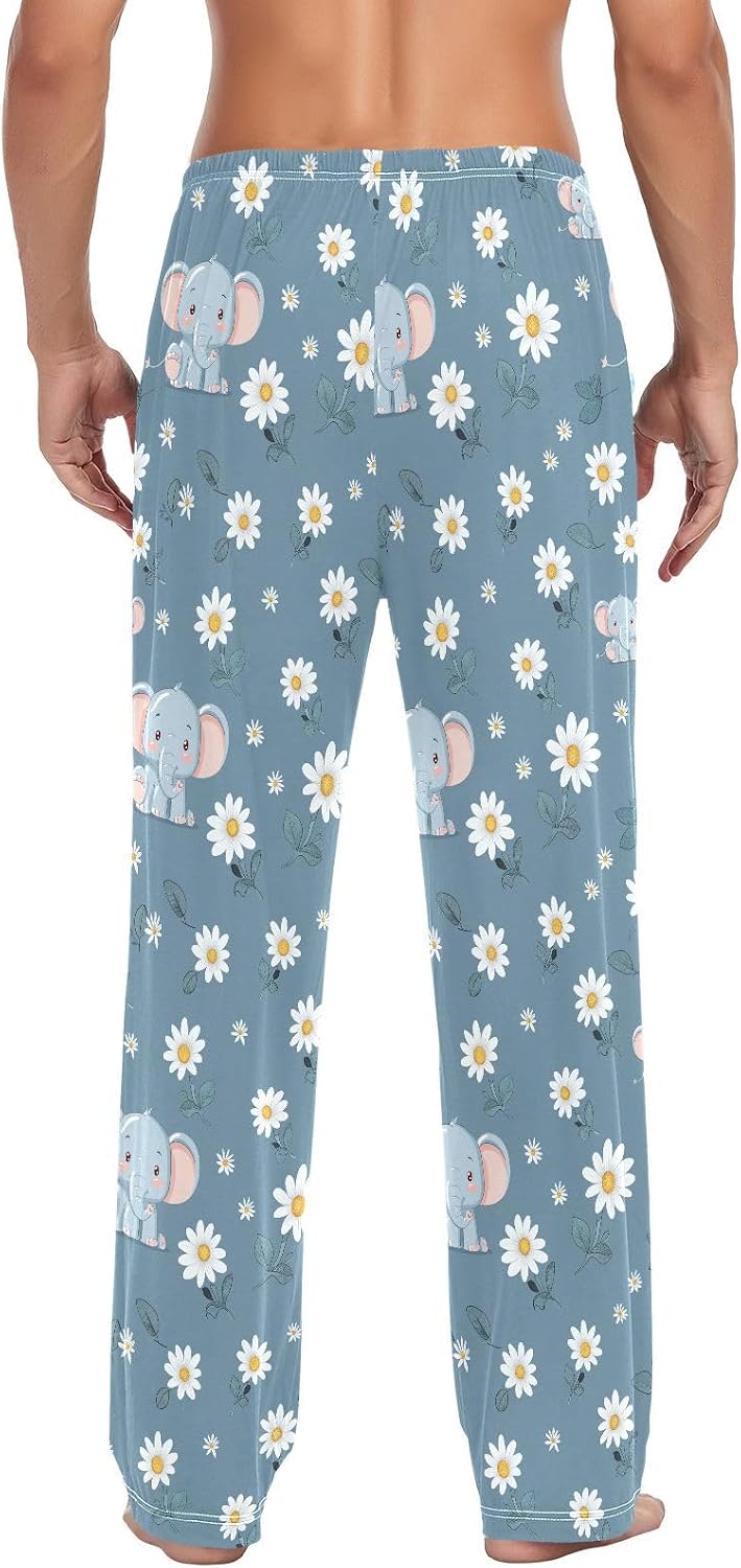 ALAZA Cute Elephant Daisy Flower Men's Pajama Pants Men Cotton Pajama Bottoms with Pockets, S
