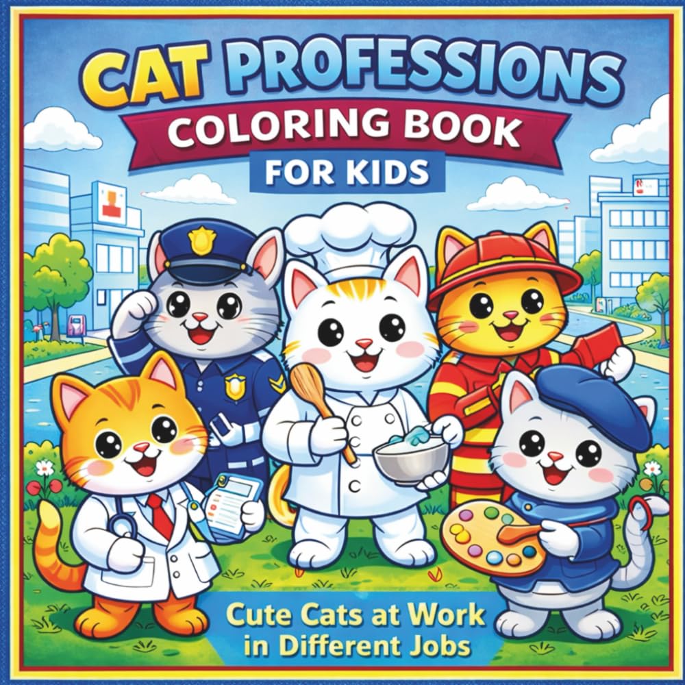 Cat Jobs Coloring Book for Kids Ages 5–10: Simple and Fun Coloring Pages with Working Cats