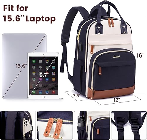 Miniatura 4 de LOVEVOOK Mochila para laptop para mujer, se adapta a portátiles de 15.6 pulgadas, Beige-azul-marrón
