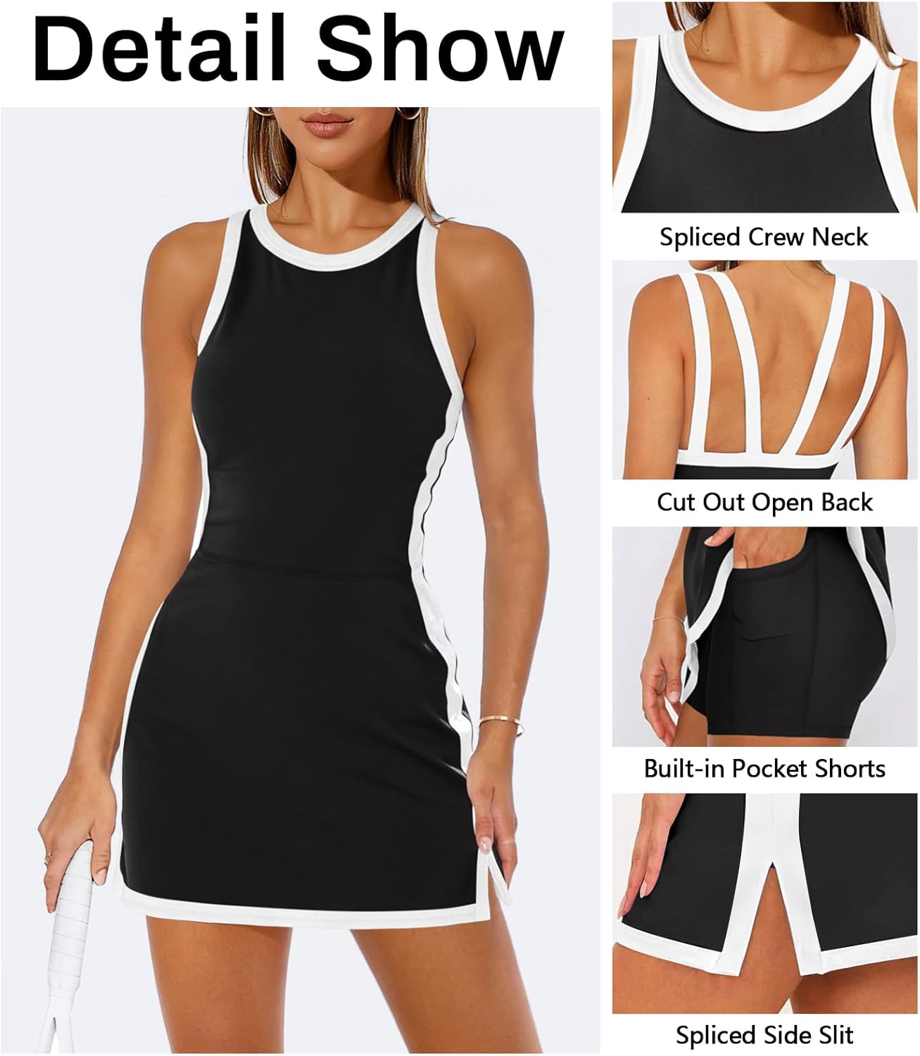 Womens Open Back Tennis Dress with Built in Shorts Pocket Workout Sleeveless Golf Romper Skort Sport Mini Tank Dresses - Image 3