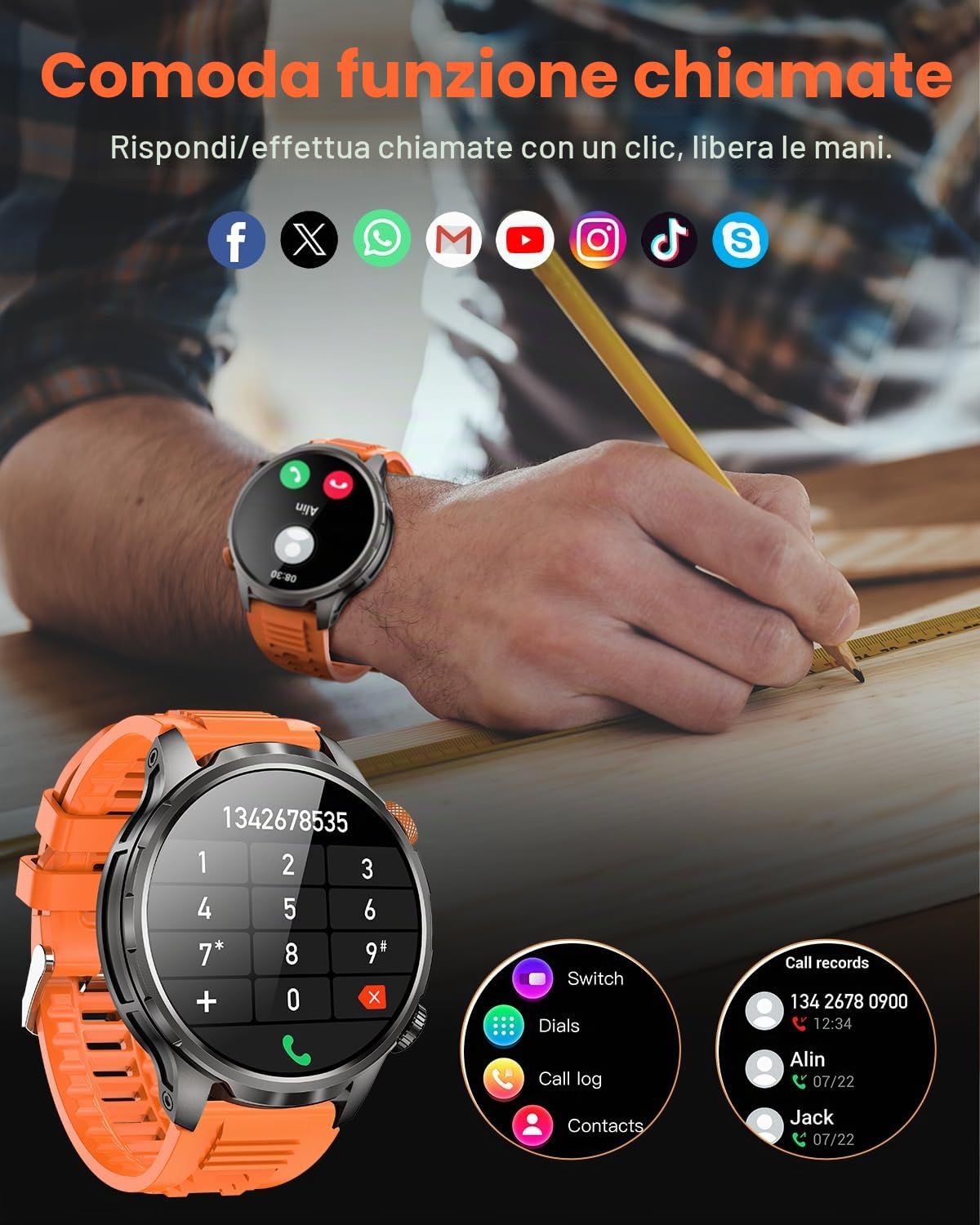 2026 Smartwatch Uomo Militare con 1000mAh/Luce LED, 1.91" AMOLED Orologio Smartwatch con Chiamate Bluetooth, 110+ Modalità Sportive, 5ATM, 24H Sonno/Frequenza Cardiaca/SpO2, Android iOS