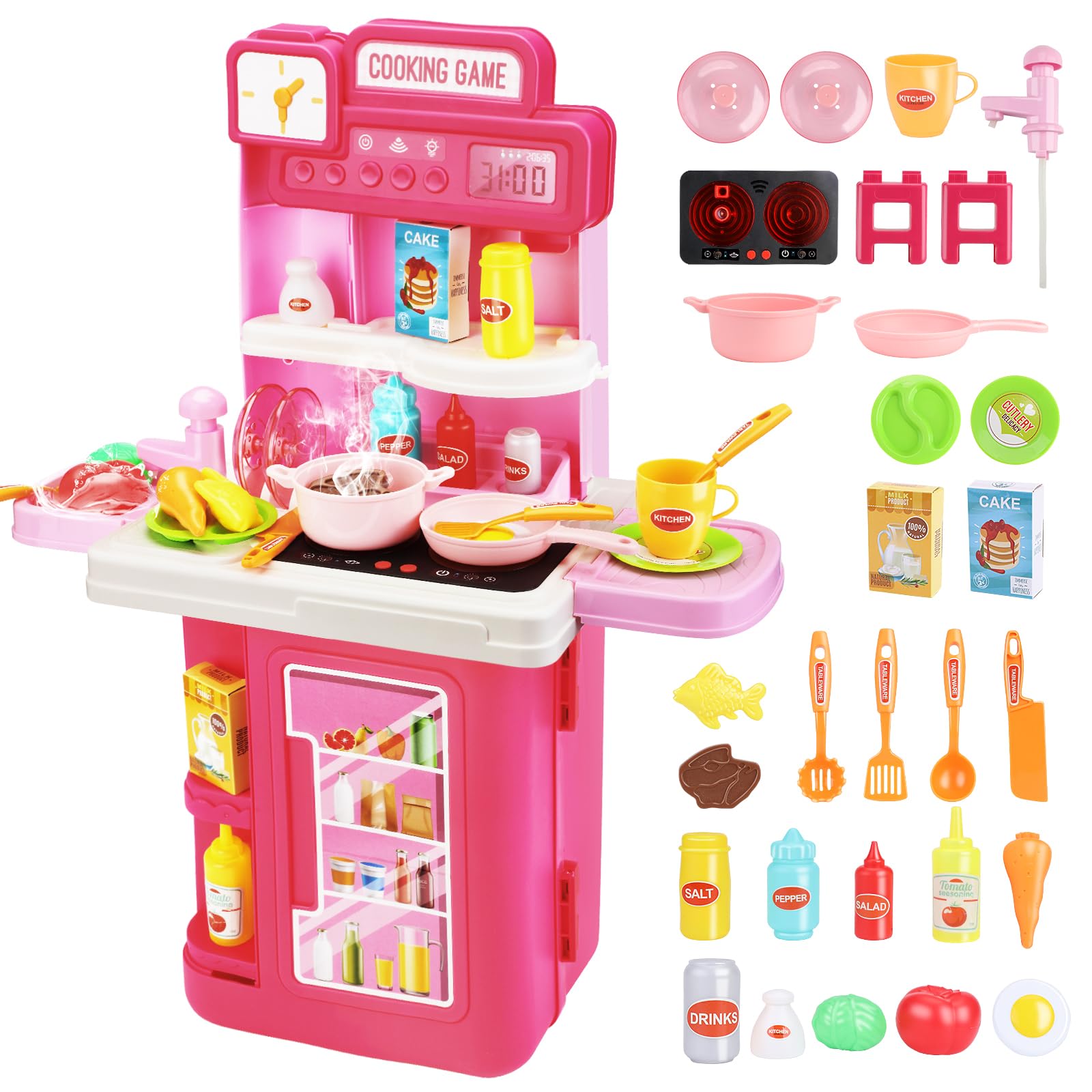 Deejoy 4 in 1 Kitchen Playset,41pcs Kitchen Toys with Realistic Lights & Sounds,Simulation of Spray and Play Sink,Pretend Play Food Accessories for Toddler.