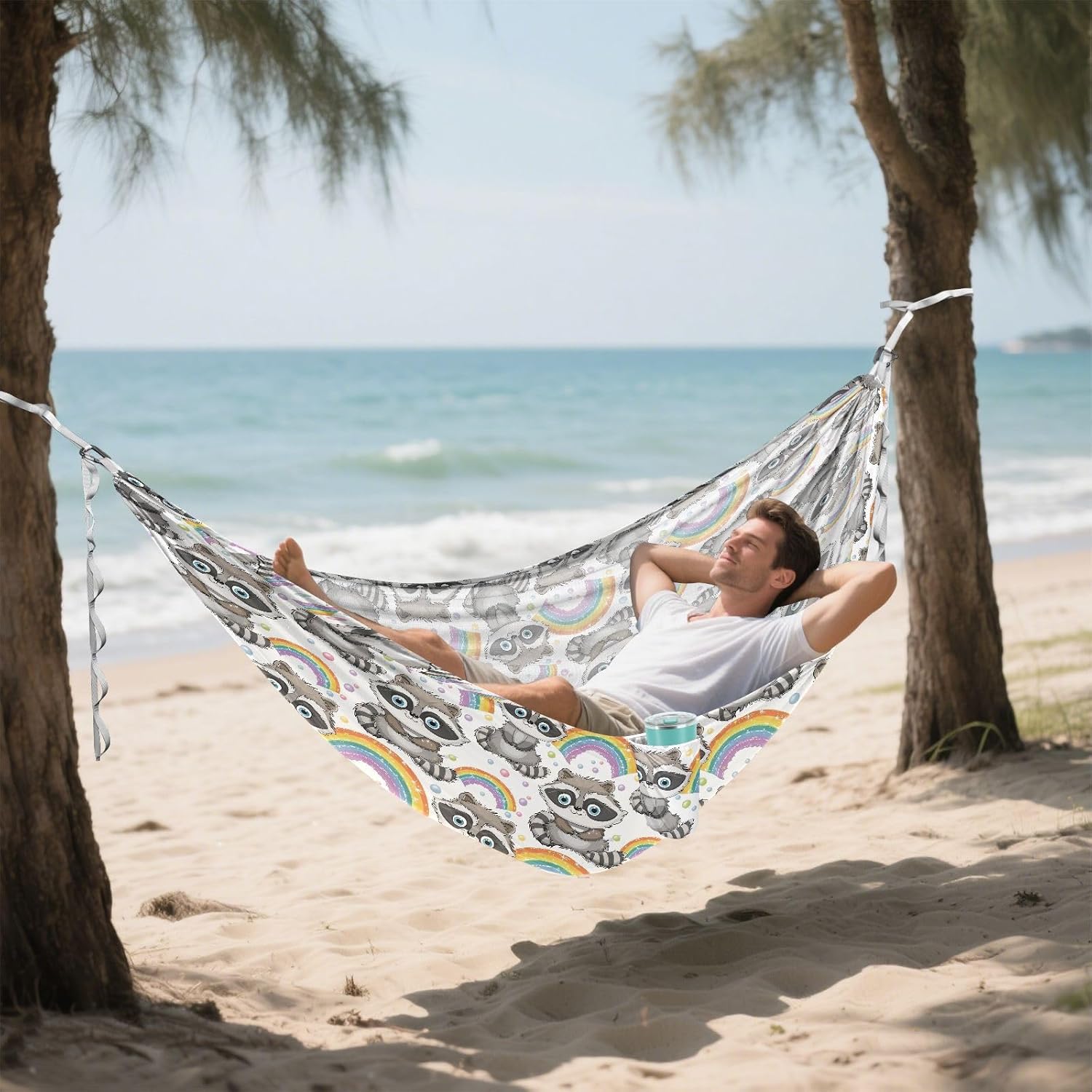 ALAZA Cute Raccoon Rainbow Cartoon Camping Hammocks Single or 2 Person 500 lbs Portable Parachute Travel Hammock w/Tree Straps for Hiking Backpacking Indoor Outdoor