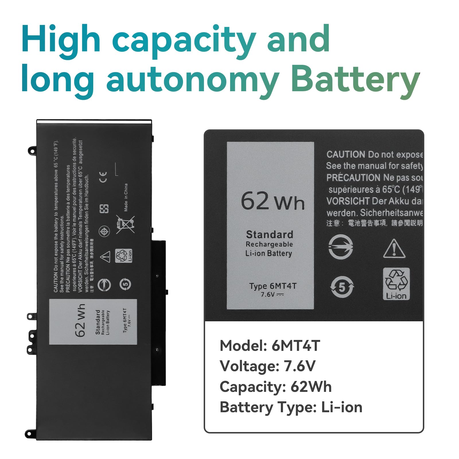 K KYUER 62WH 6MT4T High Capacity Batterie pour Dell Latitude E5470 E5570 E5270 Precision 15 3510 Mobile Workstation WYJC2 VMKXM 7V69Y TXF9M 0C1P4 79VRK 07V69Y 451-BBTW 451-BBUN 451-BBUQ 535NC HK6DV