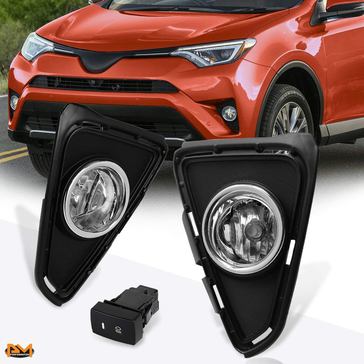 PM PERFORMOTOR Front Bumper Fog Lights+Bezel+Switch Compatible with Rav4 Xa40 16-18,Clear Lens