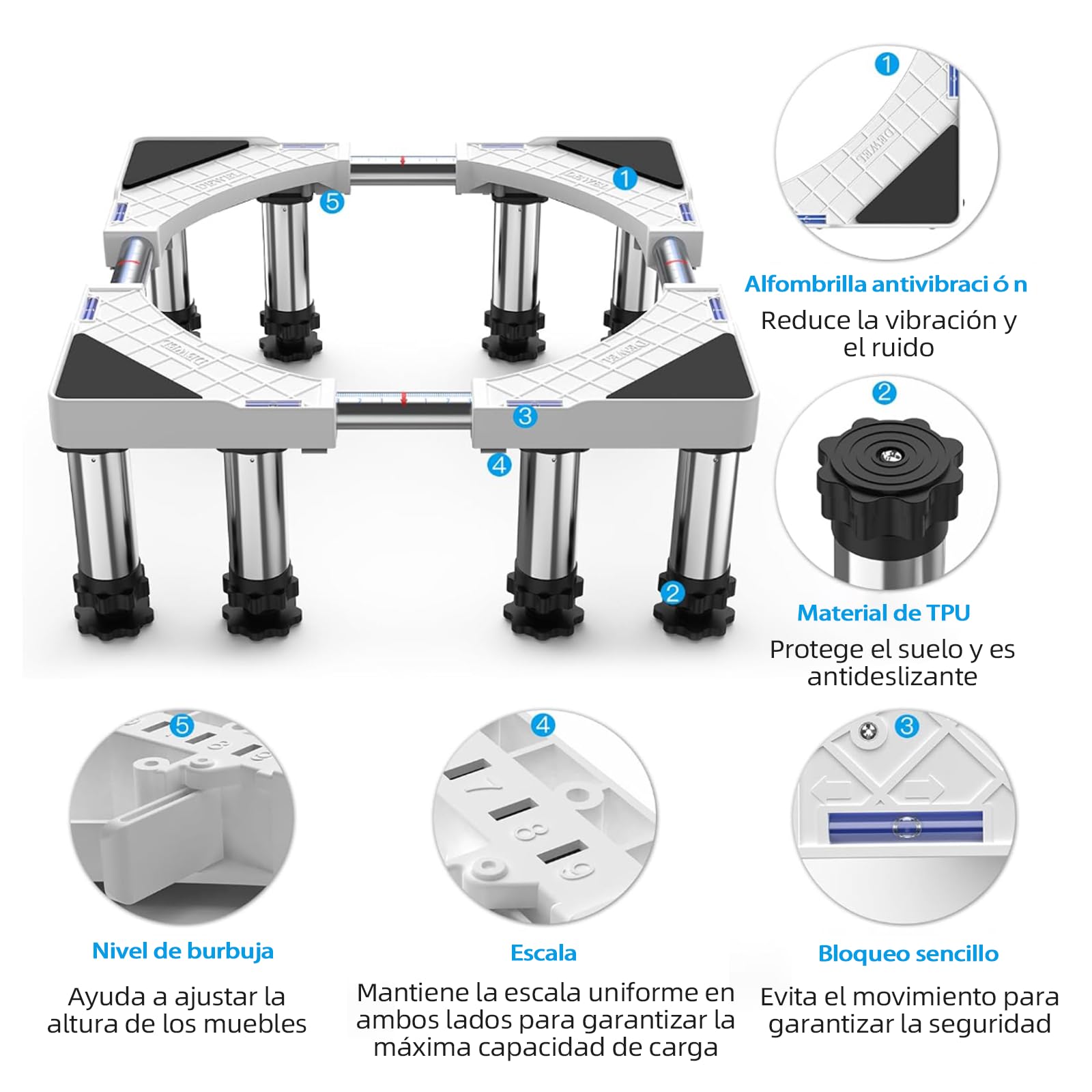 DEWEL Base de la Lavadora de 8 Pies, Carga de 500 kg, Base de la Lavadora del Refrigerador Ajustable, Secadora y Congelador, Longitud Ajustable 43 - 57 cm, Altura 18 - 20 cm, Tubería Cuadrada