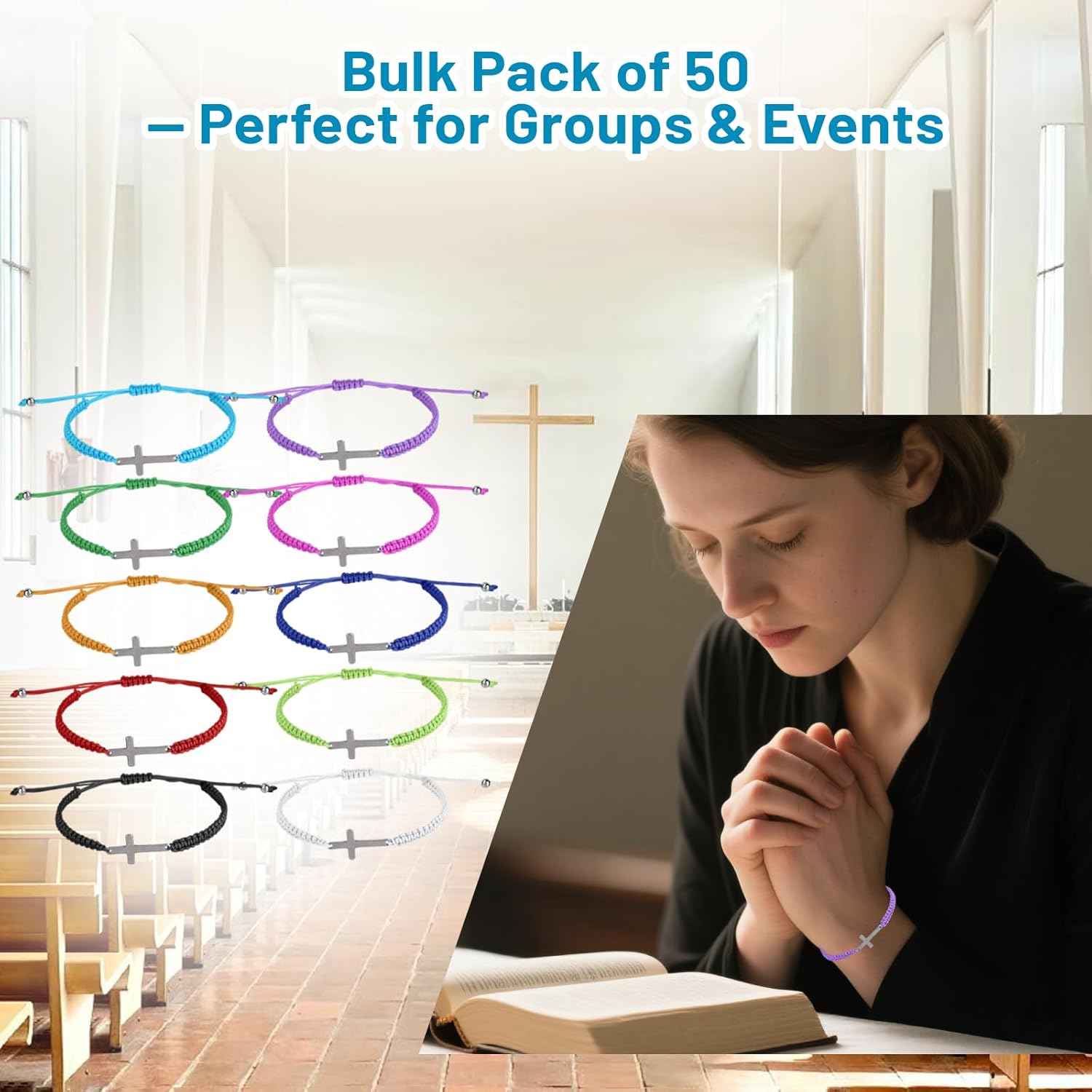 50Pcs Cross Bracelet Bulk, Christian Bracelets for Women Men, Adjustable Braided Cord Rope String Bracelets with Cross Charm, Jesus Religious Christian Gifts Bulk for Church Baptism Party Favors - Image 7