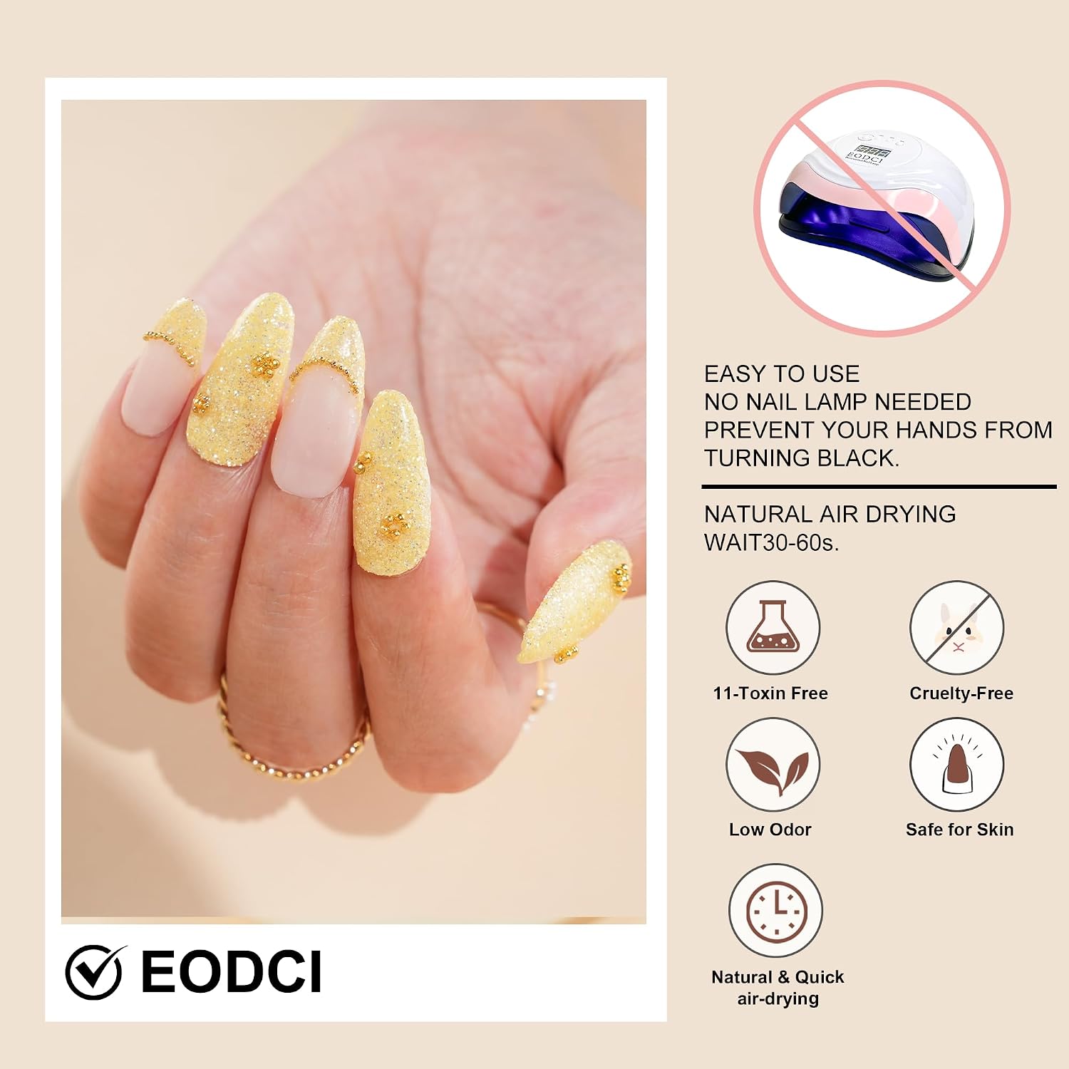 EODCI Yellow Glitter Dip Powder Nail Art Starter Manicure Salon DIY at Home, No Nail Lamp Needed, Odor-Free & Long-Lasting 1 Oz