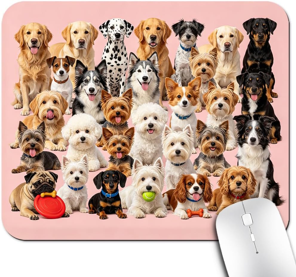 Adorable Dog Breeds Group Mouse Pad, Puppy Pet Lover Pink Design Desk Mat