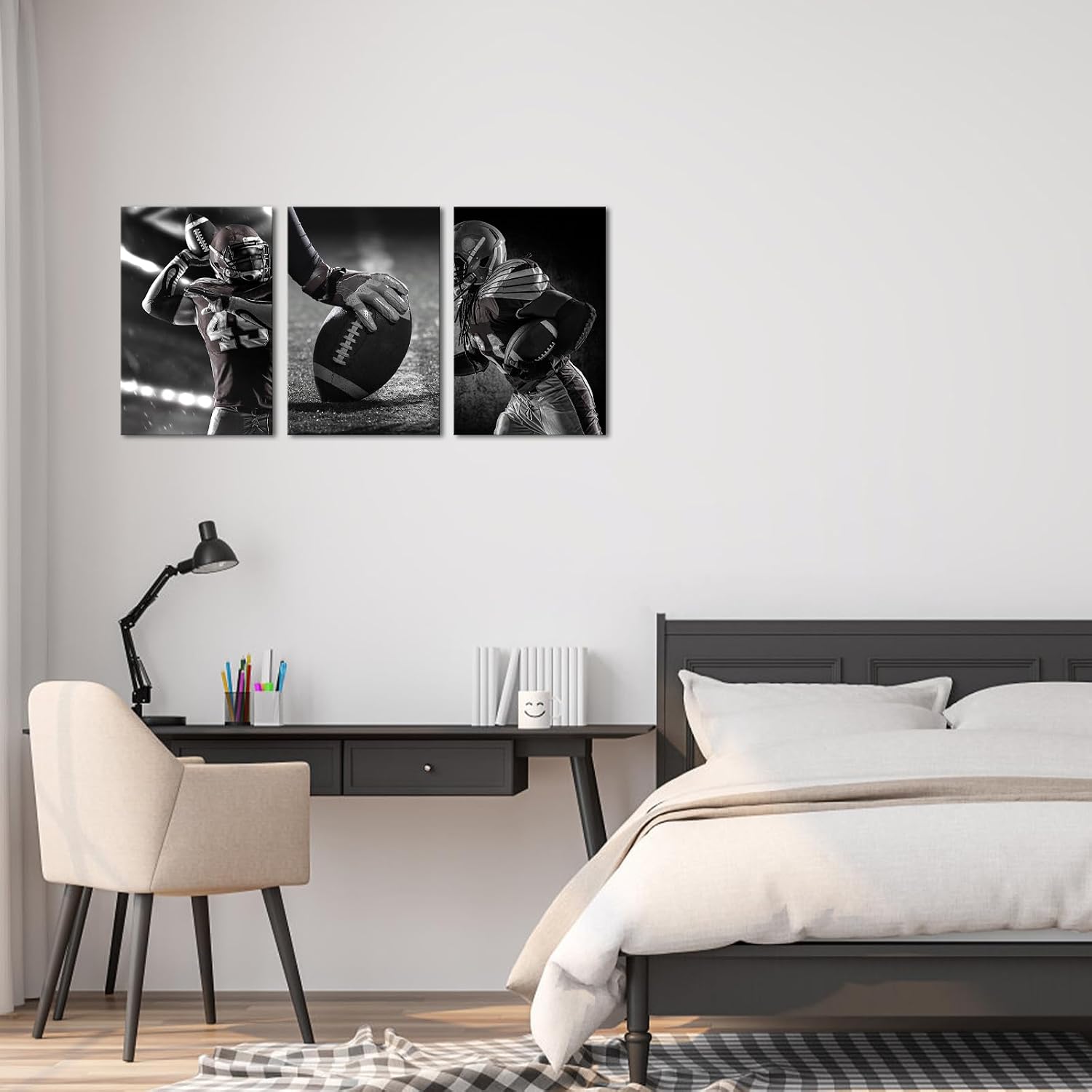 NutArtPic Sport Canvas Wall Art American Football Pictures Black White Gym Artwork Prints Framed for Bedroom Man Cave Boy's Bedroom Decor 24''x16''x3panels