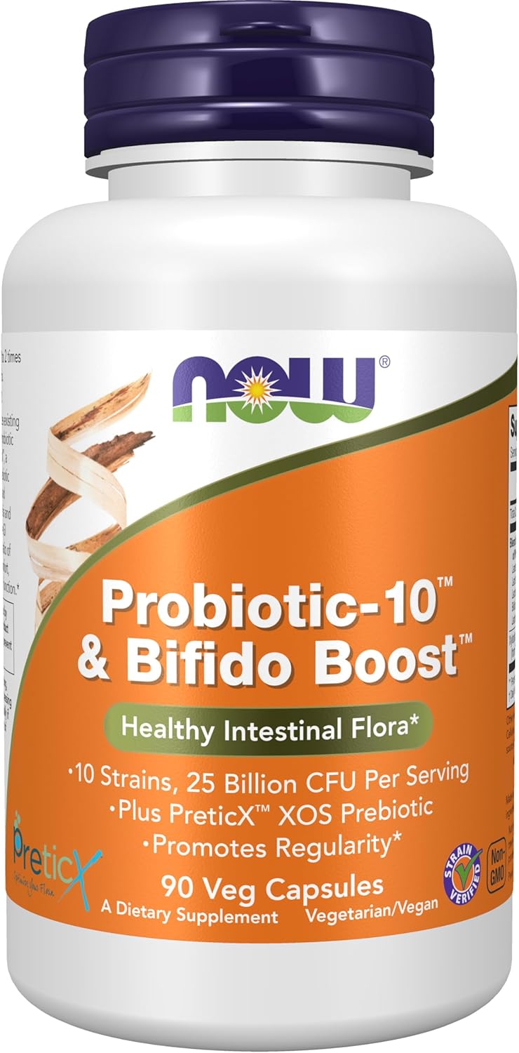 NOW Foods Supplements, Probiotic-10™ & Bifido Boost™ with 10 Strains, 25 Billion CFU Per Serving, plus PreticX™ XOS Prebiotic, 90 Veg Capsules