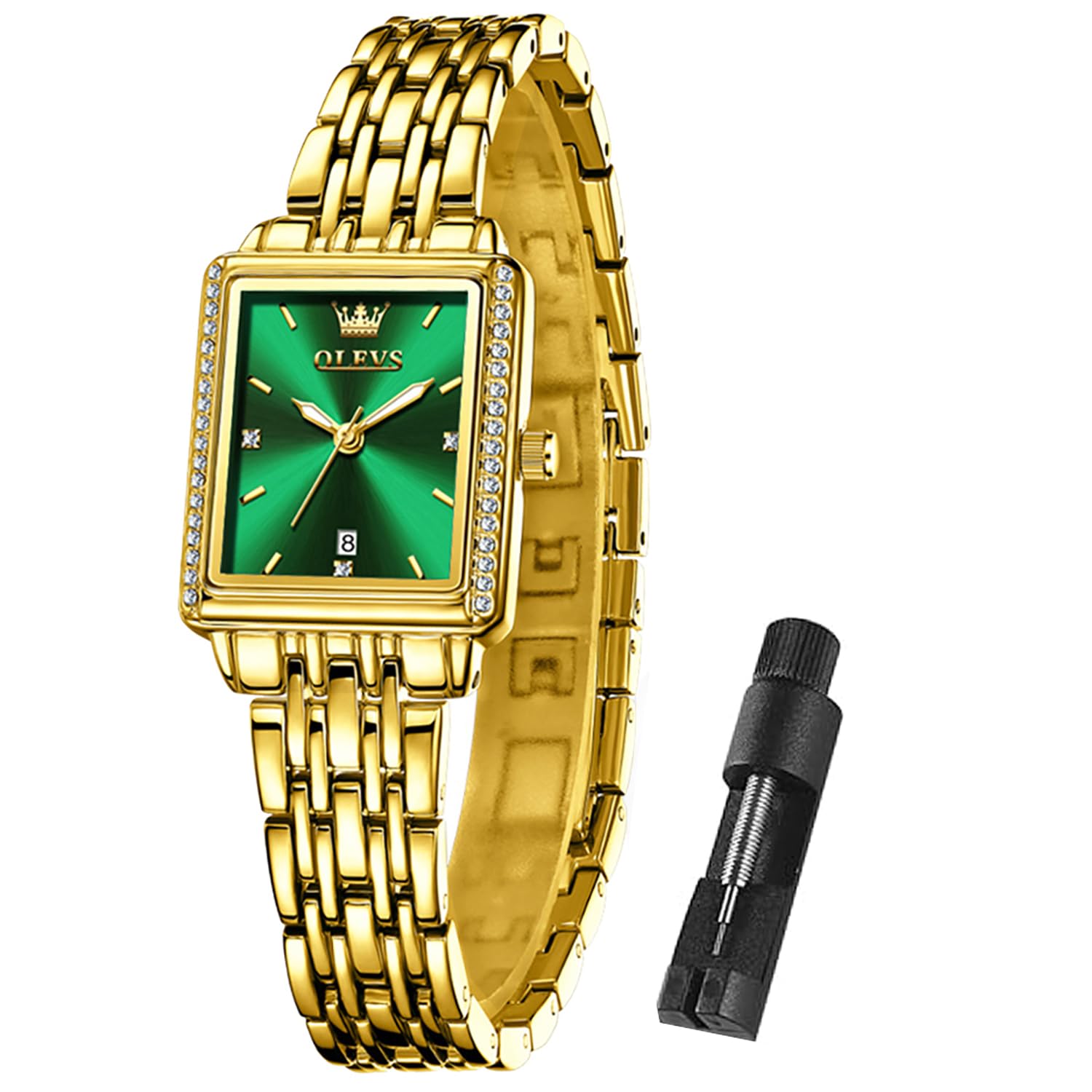 OLEVS Watches for Women Luxury Dianty Green Dial Fashion Diamond Dress Easy Read Waterproof Casual Stianless Steel Analog Quartz Ladies Watches with Date