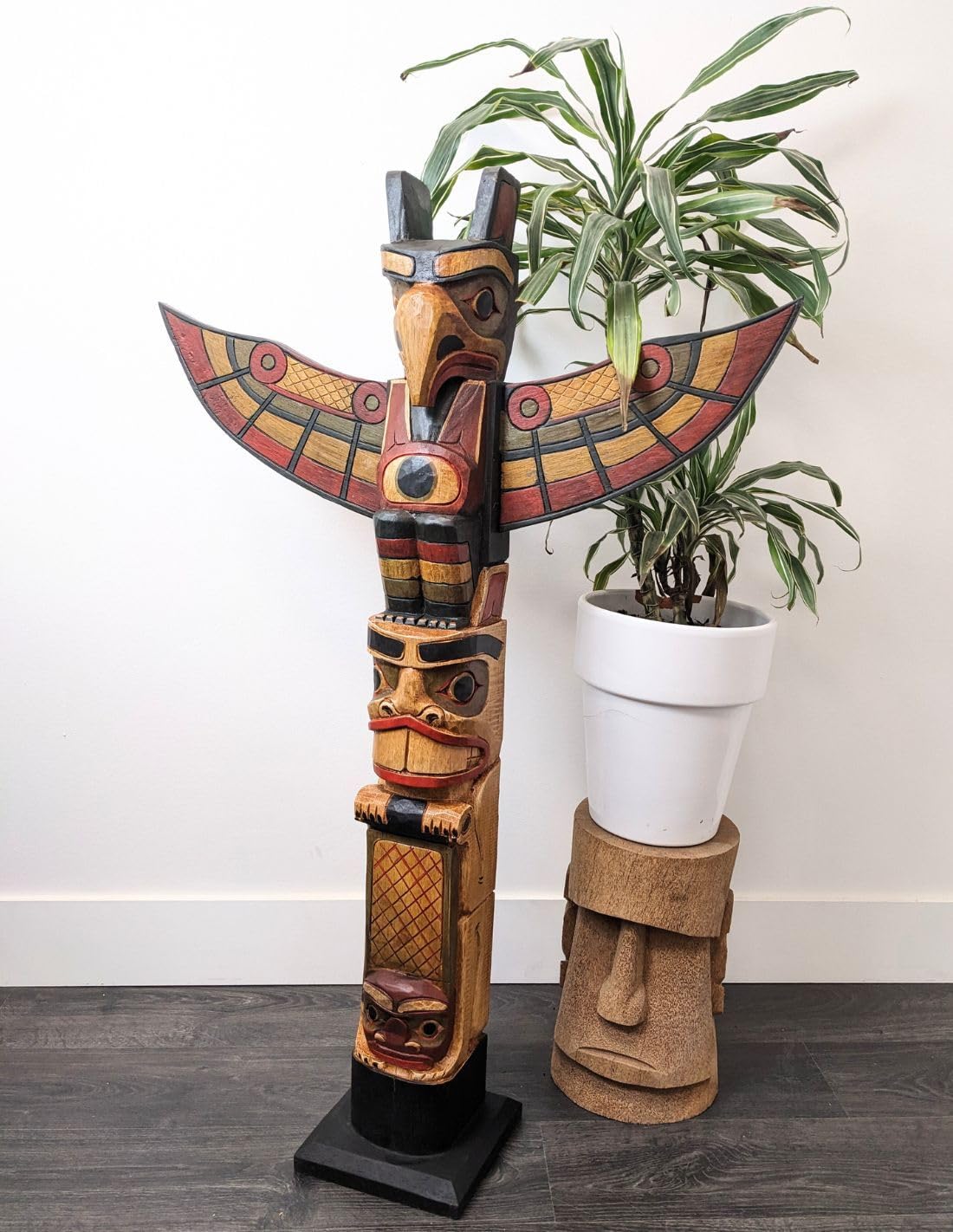 Totem Indien En Bois Massif 100cm - Sculpture Artisanale Aigle, Loup, Poisson - Déco D'intérieur Ou Extérieur