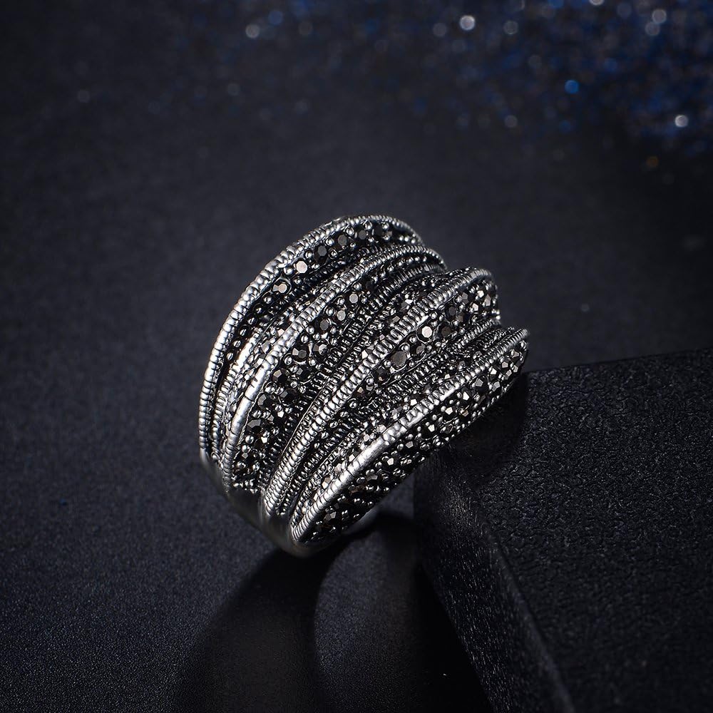 Black Rings for Women, Vintage Cross Marcasite Rings Statement Big Chunky Aesthetic Ring Costume Jewelry for Her - Image 5