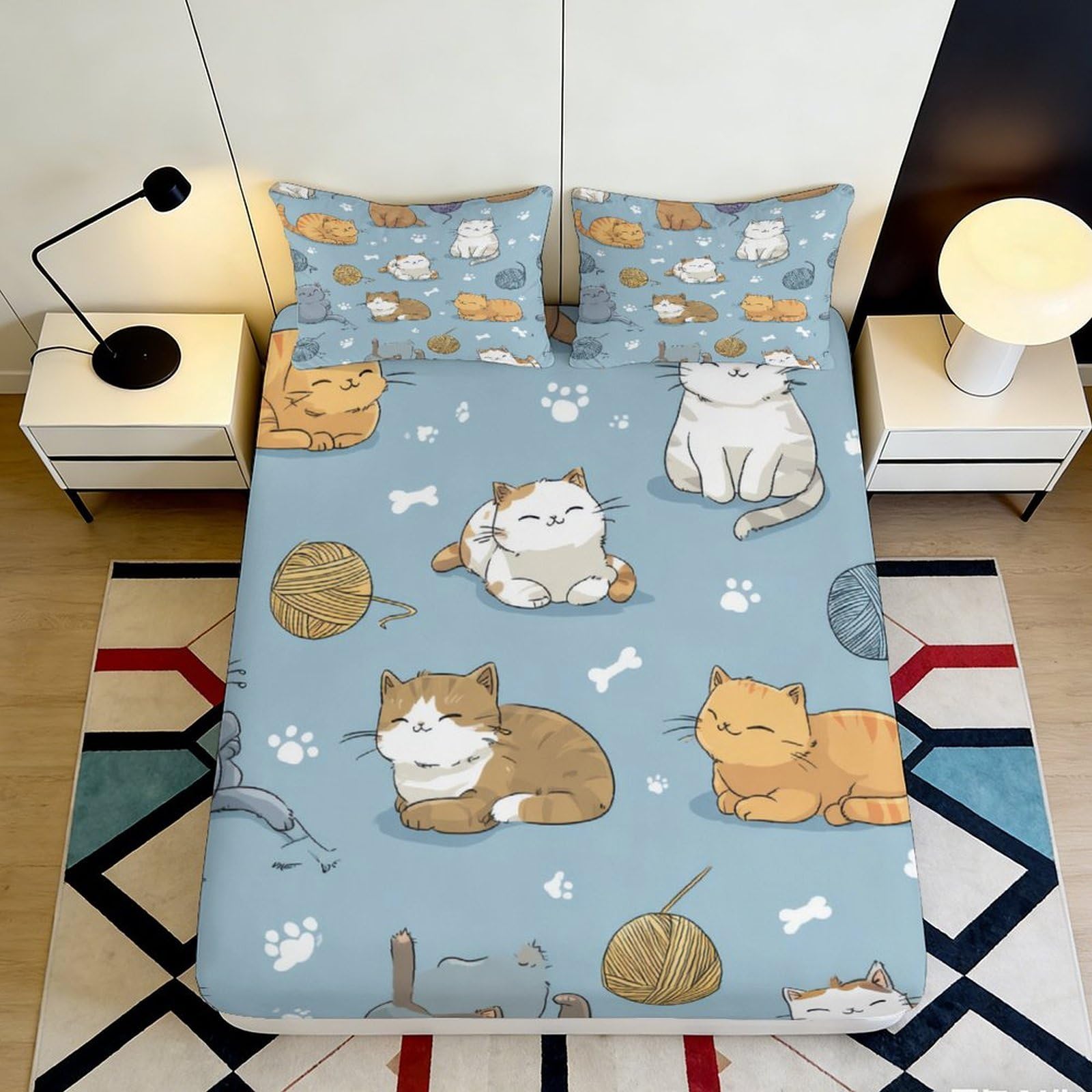 Pnayamiorkfel Style-1 3D Printed Cartoon Cat Fitted Sheet Microfiber Soft Anti-Slip Blue Bed Sheet For Bedroom Guest Room Decor 90X200x25cm