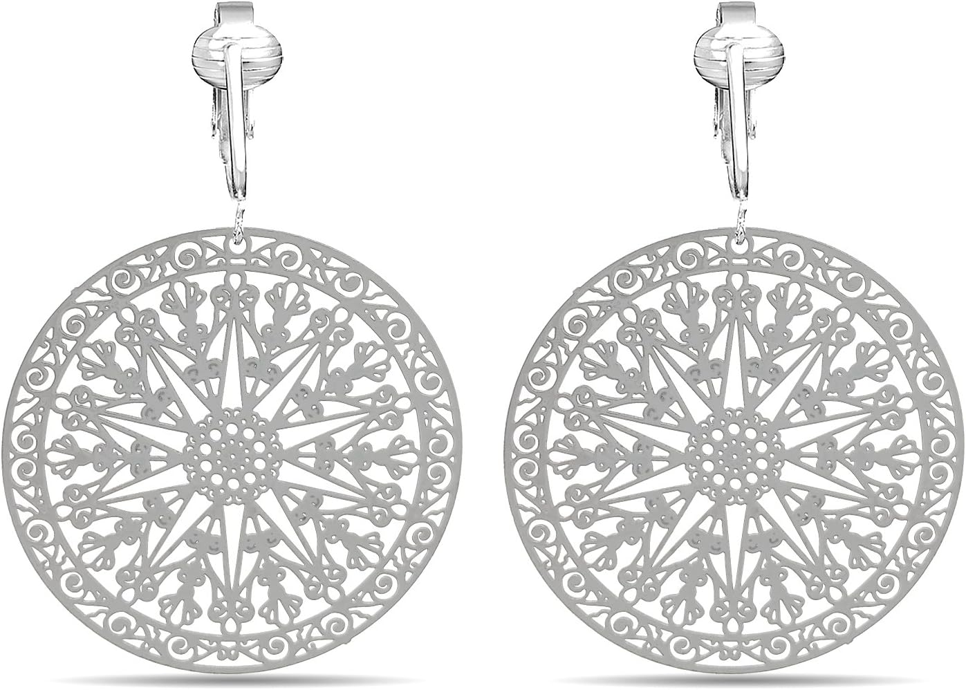 Aloha Earrings Lovely Victorian Filigree Clip On Earrings for Women Clip-ons, Lightweight Teardrop Leaf Dangle (Large Round Filigree- White)