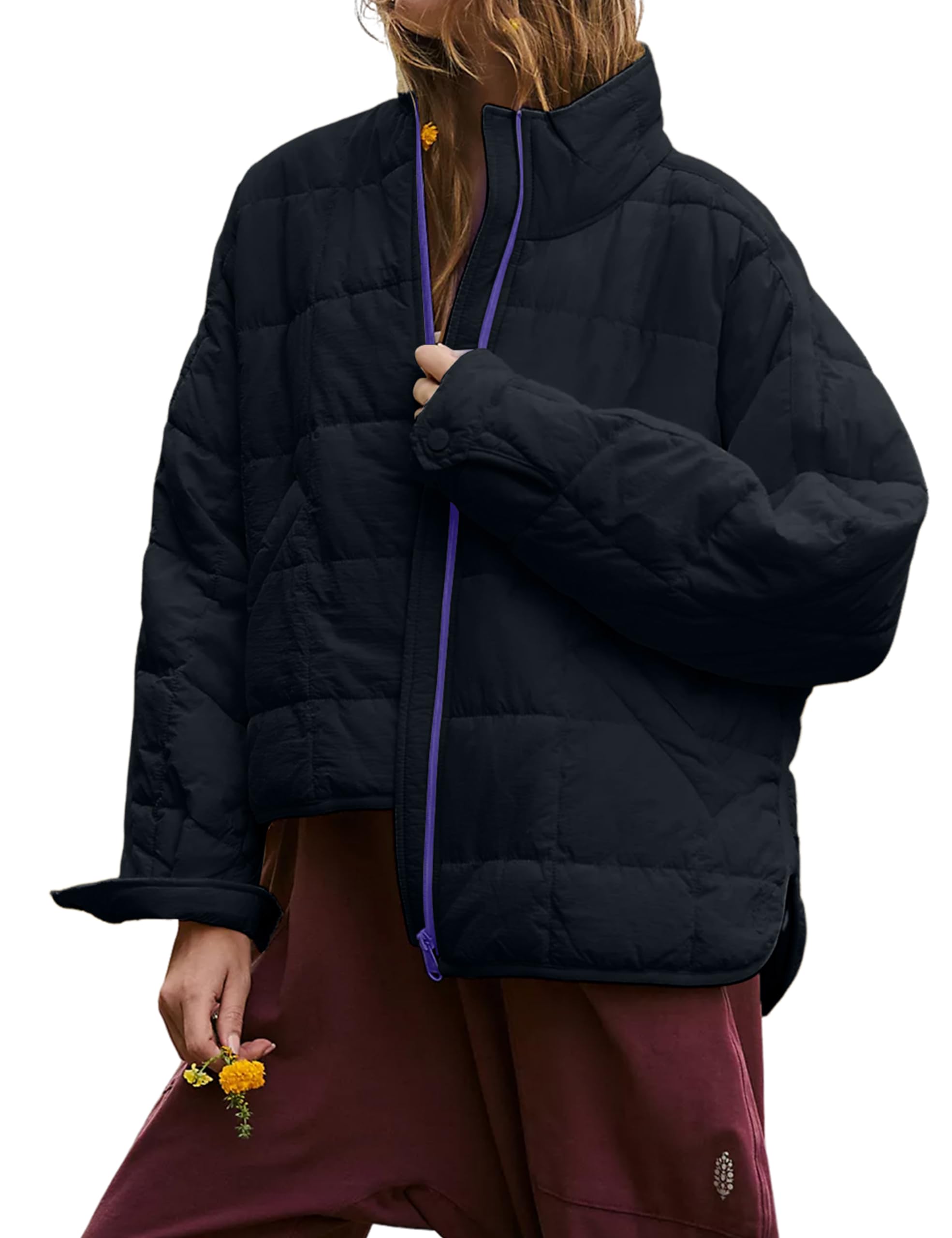 TBETNEWomen's Lightweight Oversized Down Coat Long Sleeve Zip Packable Puffer Jacket Warm Short Winter Coat