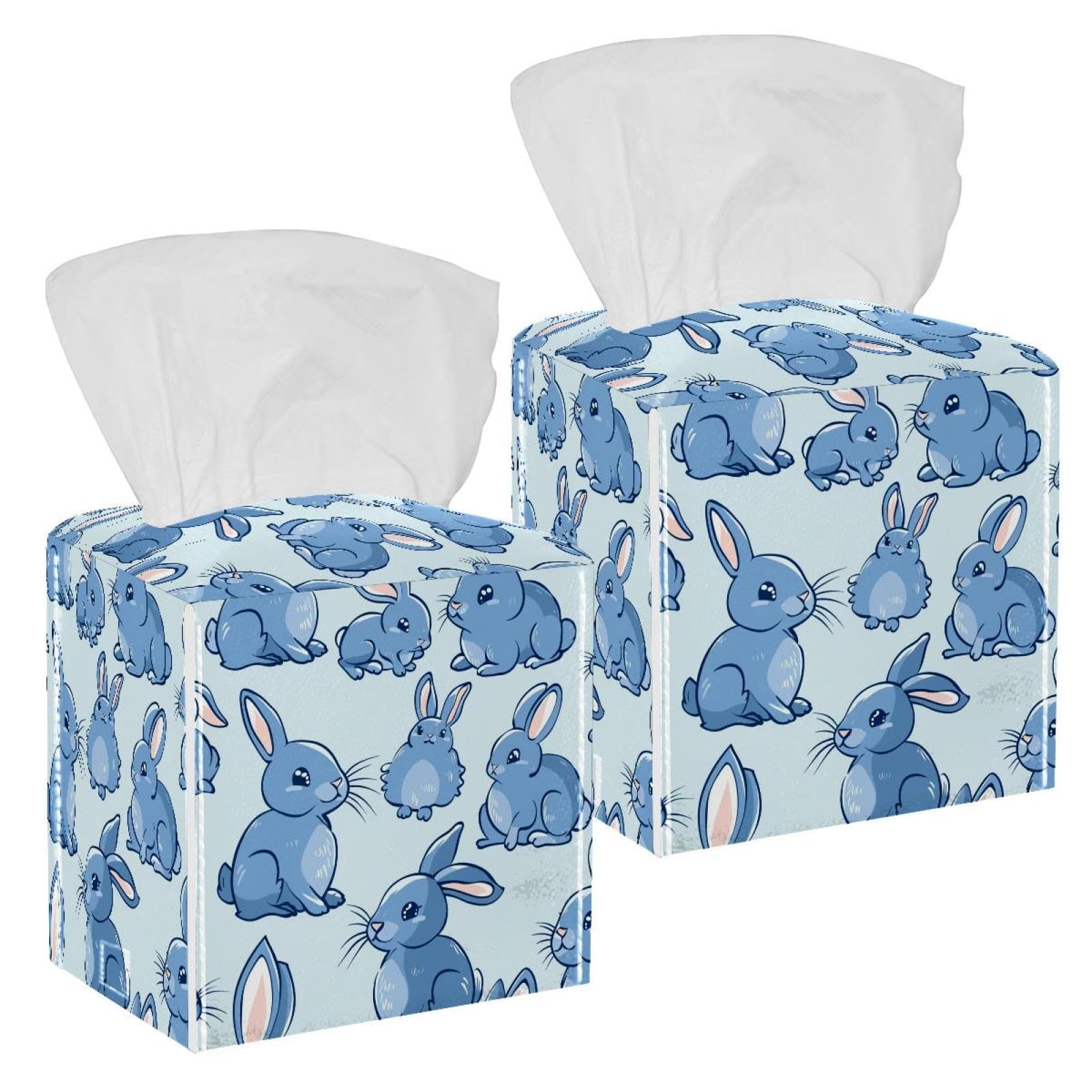 Cartoon Rabbit Tissue Box Cover, 2 Pack PU Leather Square Facial Tissue Dispenser Box holder for Home Office Car