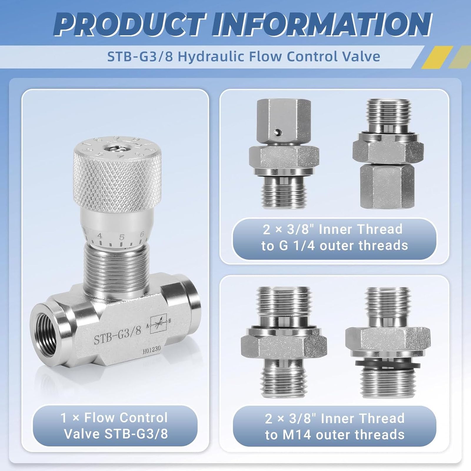3/8-Zoll-Hydraulik-Durchflussregelventil für Minibagger der STB-Serie (0,8–2 Tonnen), Bidirektionales Hydraulik-Durchflussregelventil mit M14-Anschluss Zur Zylinderdrehzahlregelung