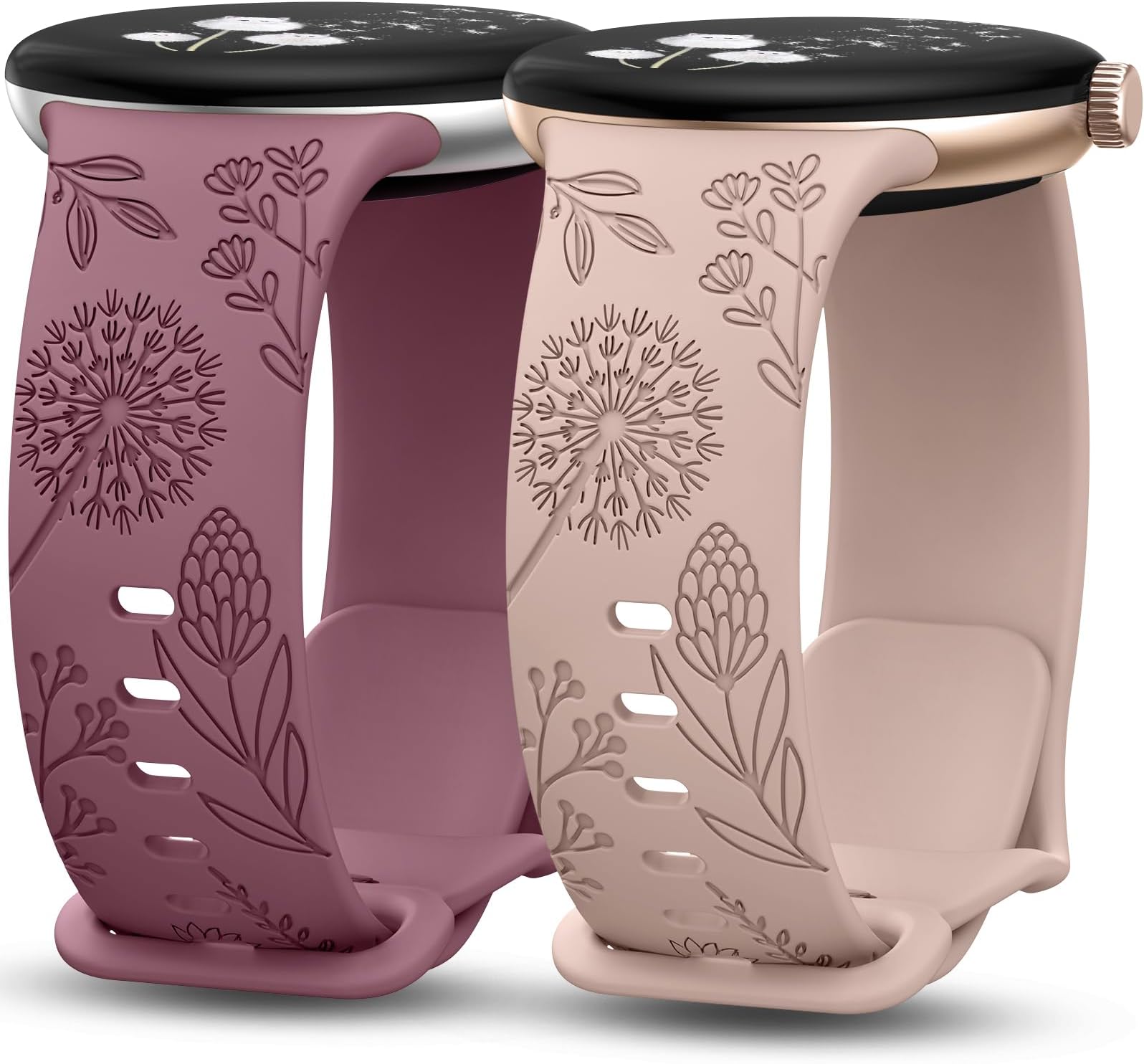 2 Packs Floral Engraved Bands Compatible with Google Pixel Watch 4/3 41mm/Pixel Watch 2/1 Band Women, Cute Soft Silicone Flower Sport Fancy Straps